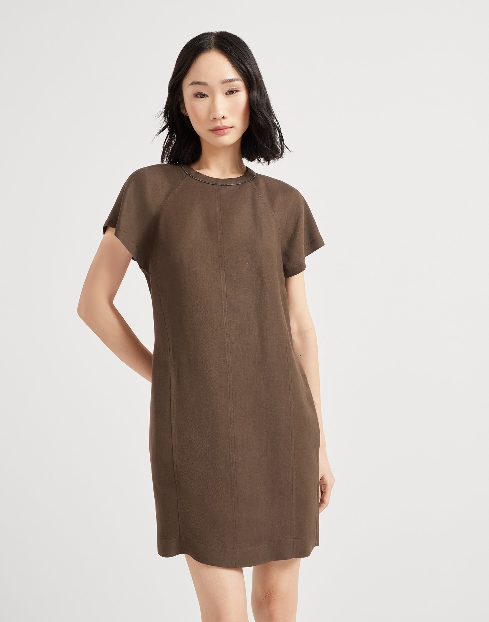 Viscose and linen fluid twill mini dress with shiny neck detail - 1