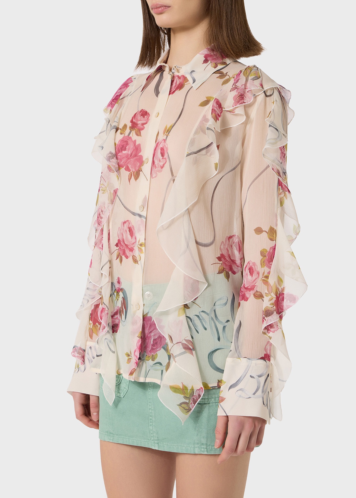 PRINTED CREPONNE SHIRT WITH RUFFLES - 5