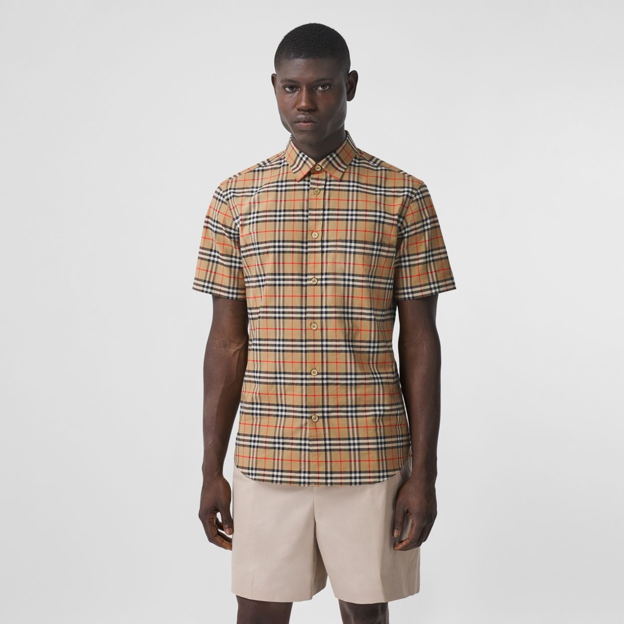 Short-sleeve Small Scale Check Stretch Cotton Shirt - 2