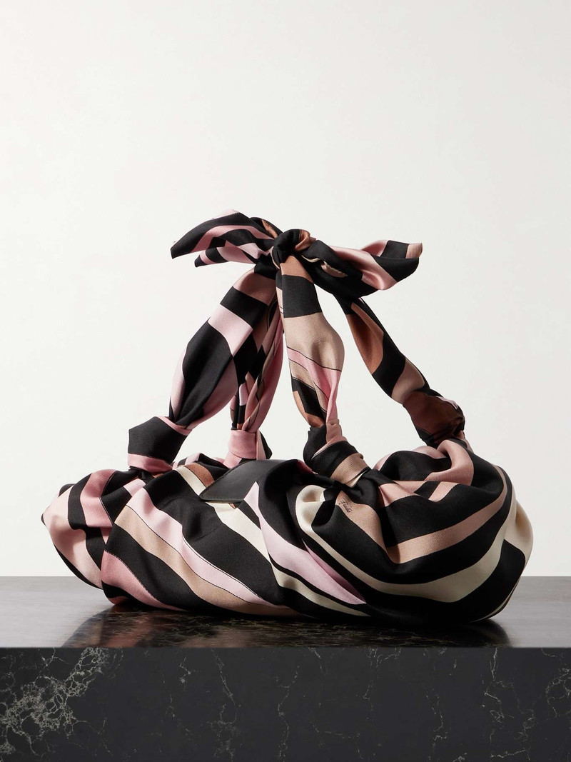 Leather-trimmed knotted printed silk-twill shoulder bag Pink 3