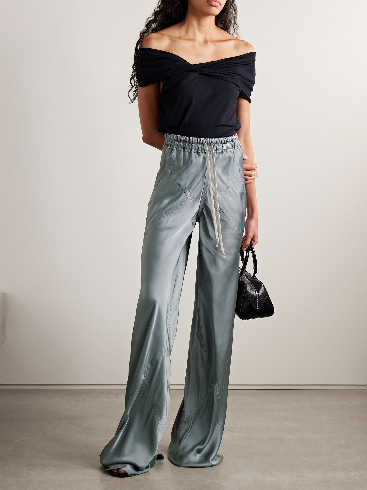 Paneled charmeuse wide-leg pants Gray green - 2