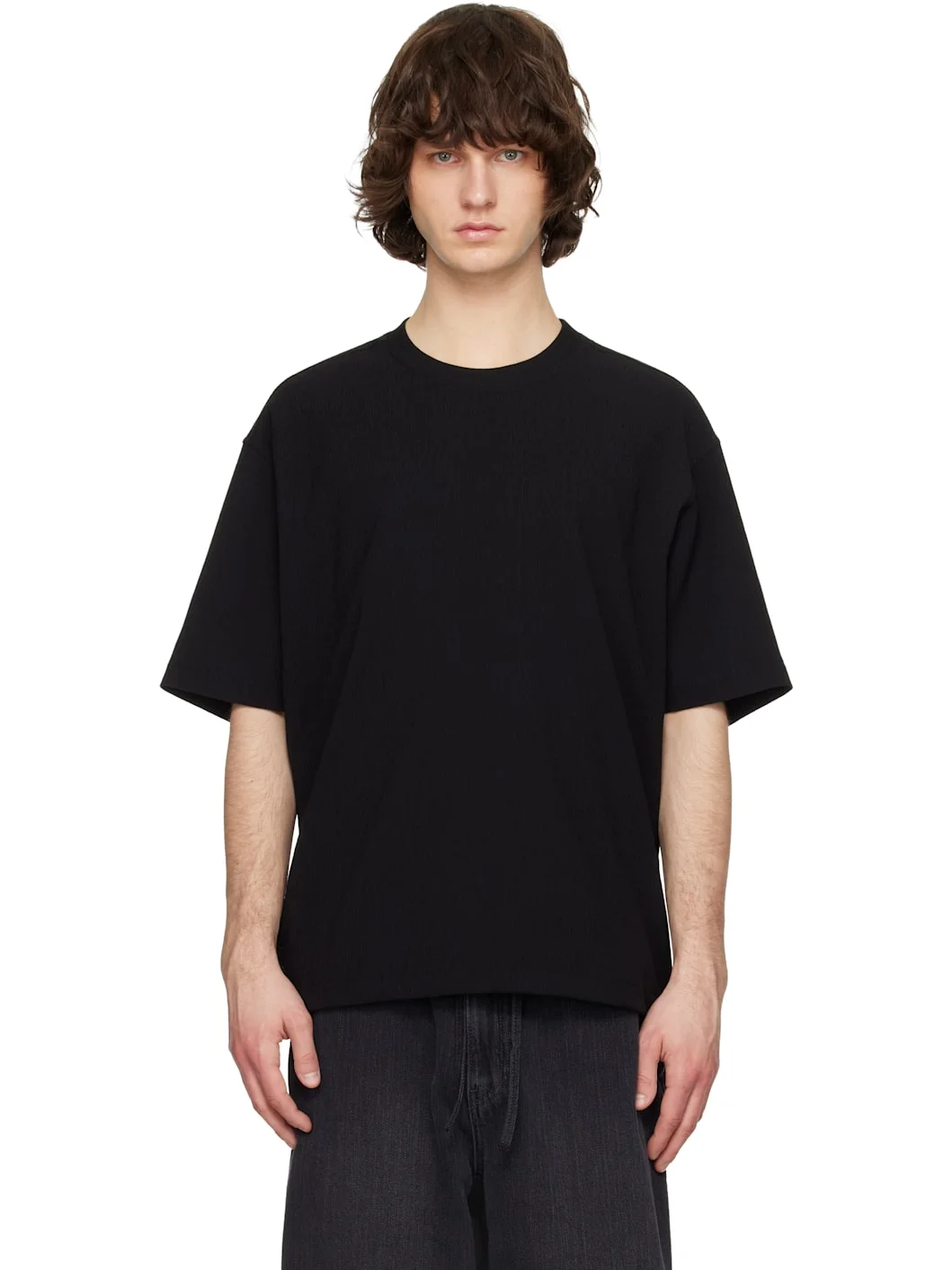 Black Crinkle Round Neck Short Sleeve T-shirt - 1