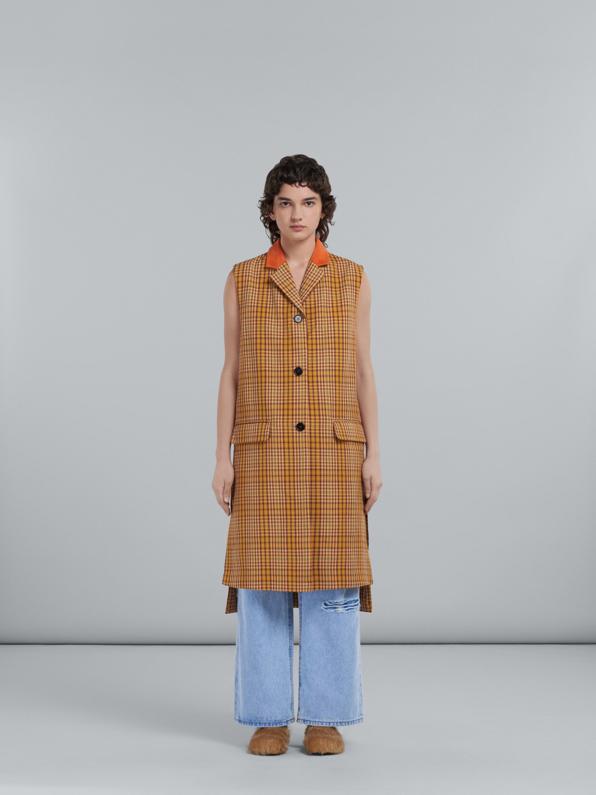 LONG WOOL VEST WITH ORANGE CHECKS - 2