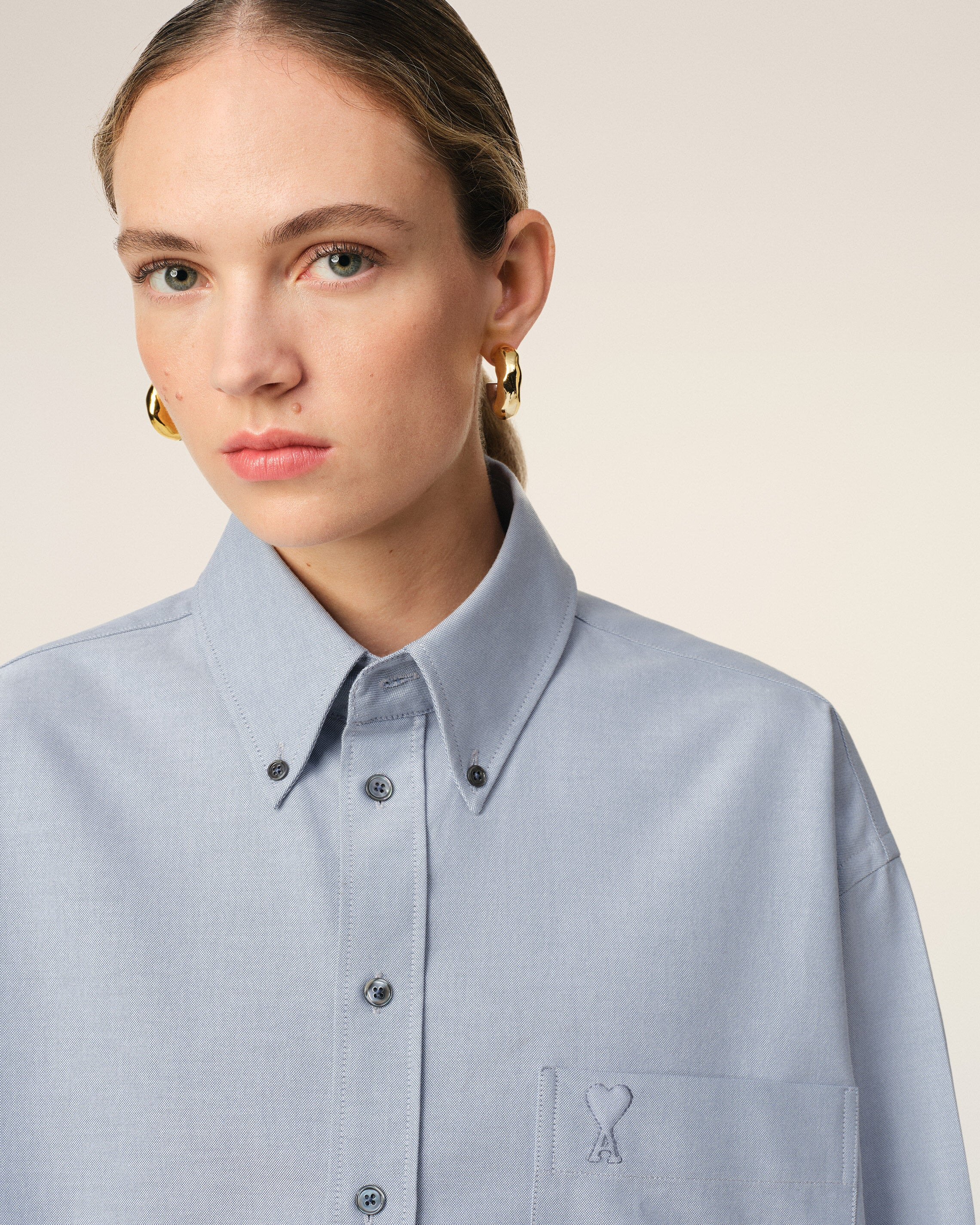 BLUE COTTON BUTTON-DOWN CROPPED OVERSIZED SHIRT - 5