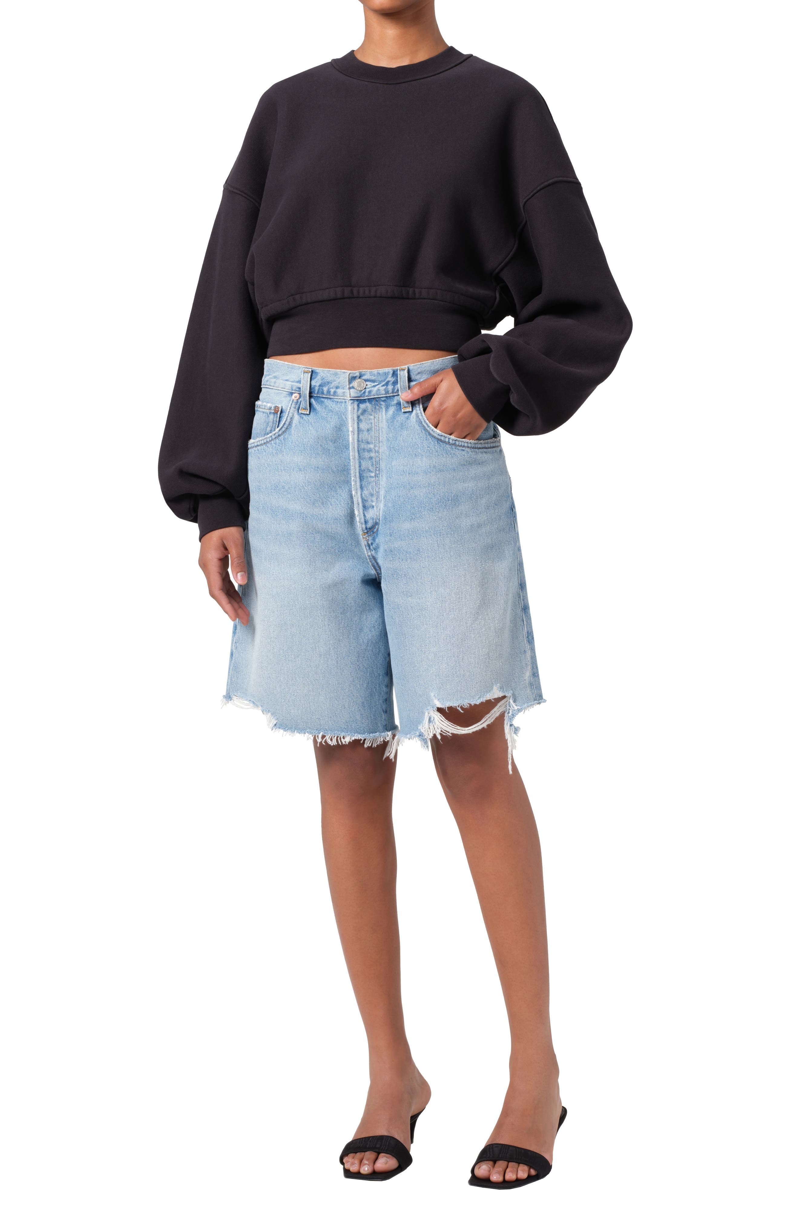 AGOLDE Kit Cotton Fleece Crop Sweatshirt in Washed Blk (Blk W/Wsh Seams) at Nordstrom - 5