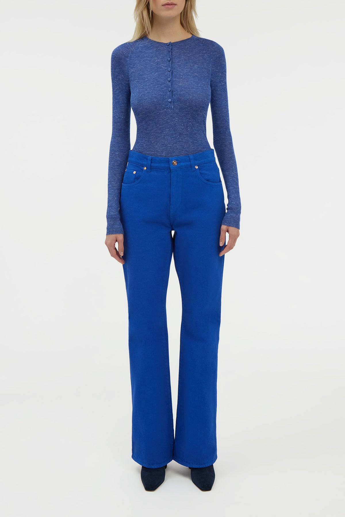 Anges Knit Henley in Cobalt Cashmere Silk with Hemp - 3
