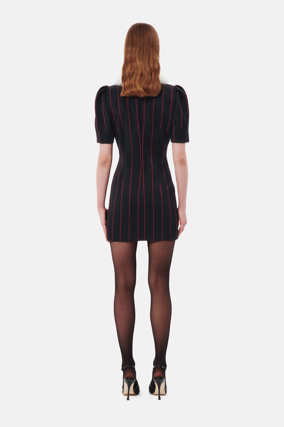 LIGHT WOOL PINSTRIPE MINI DRESS W/ WOOL FUR COLLAR - 5