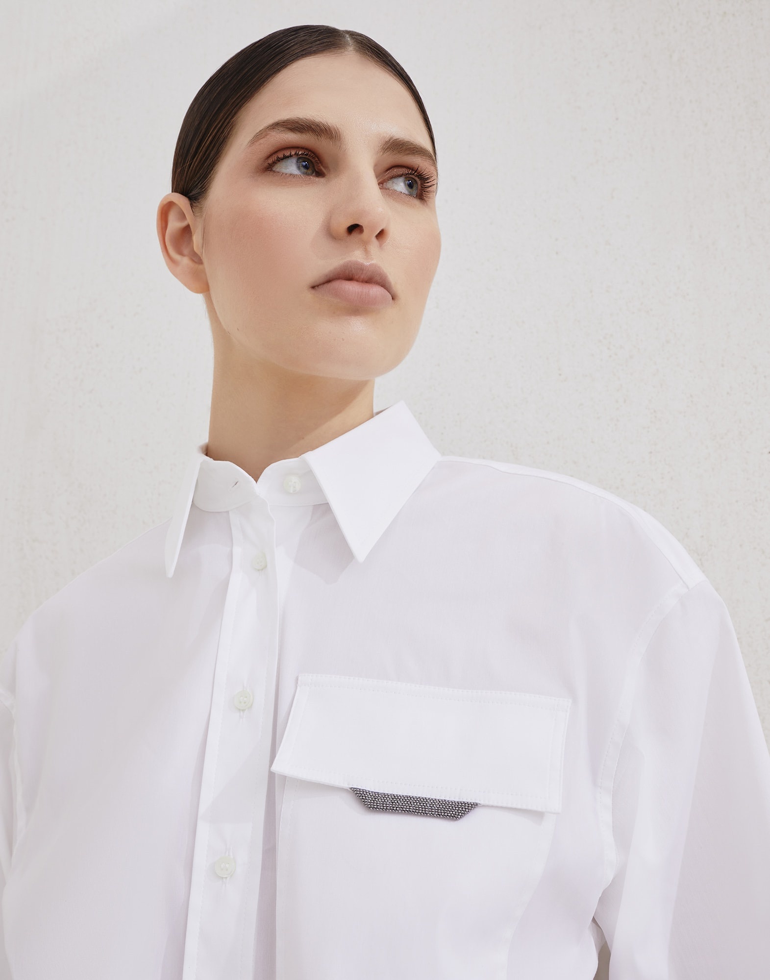 Stretch cotton poplin shirt with shiny flap detail - 3