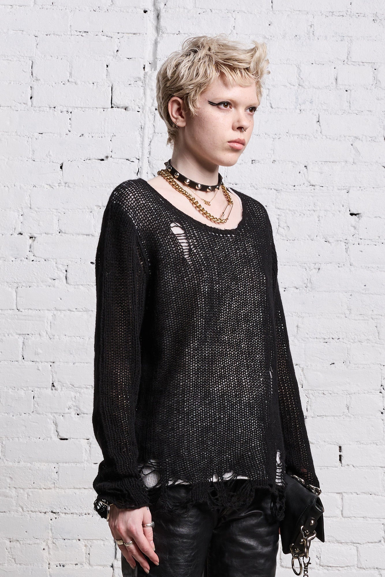 DOUBLE LAYER RELAXED SWEATER - BLACK AND ECRU - 5