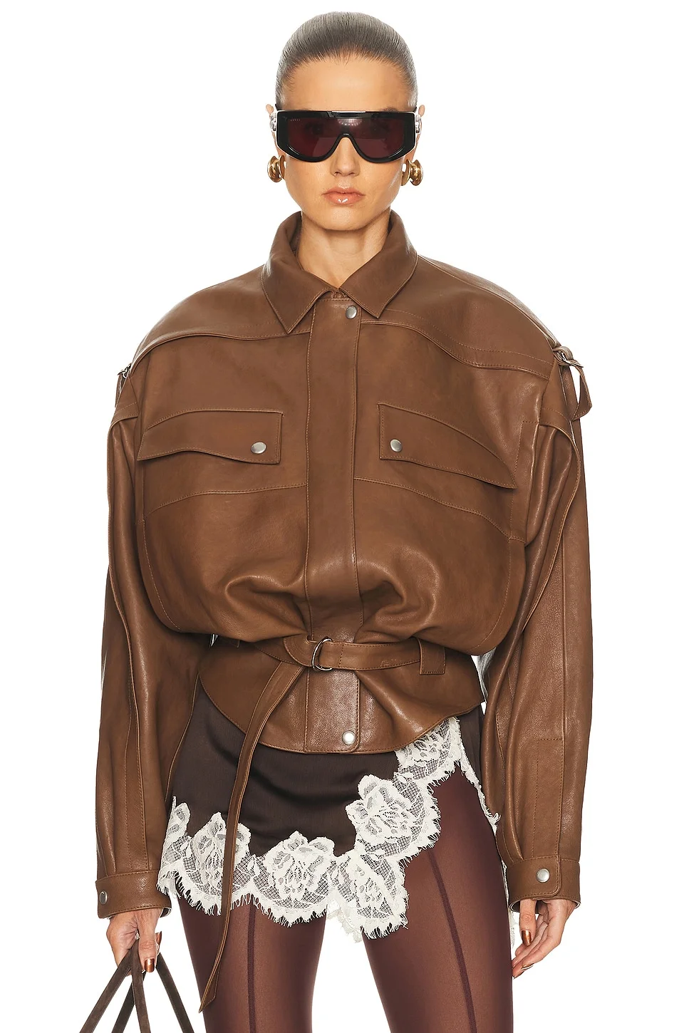 Belted Leather Bomber Jacket - 1
