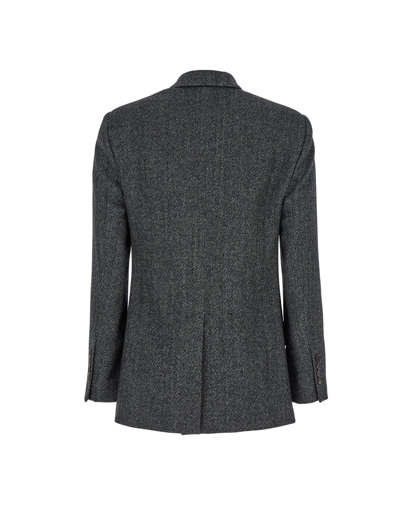 Grey Double-breasted Jacket With Herringbone Pattern In Wool Woman - 2
