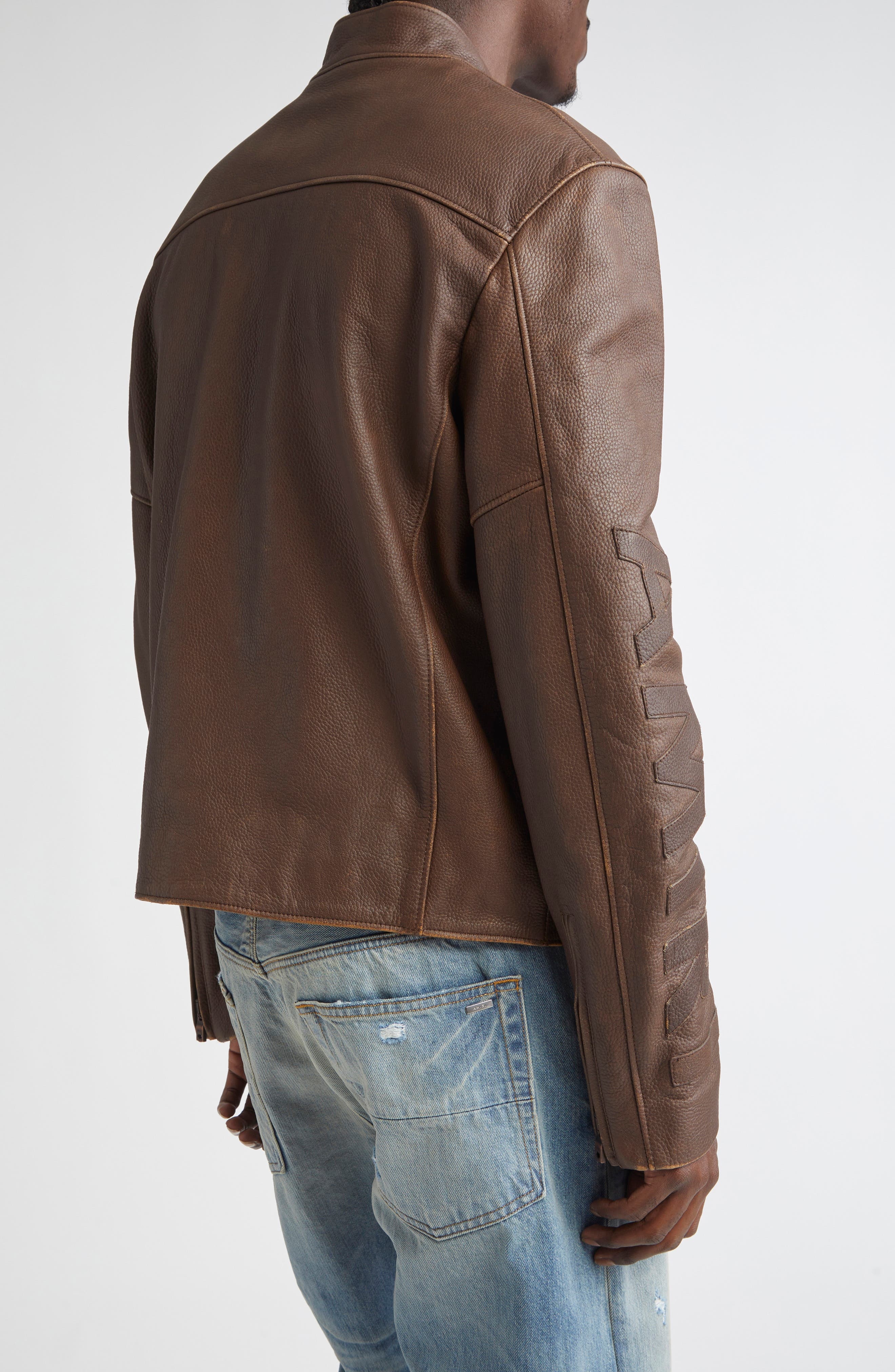 AMIRI Patch Racer Leather Jacket in Walnut Brown at Nordstrom - 3