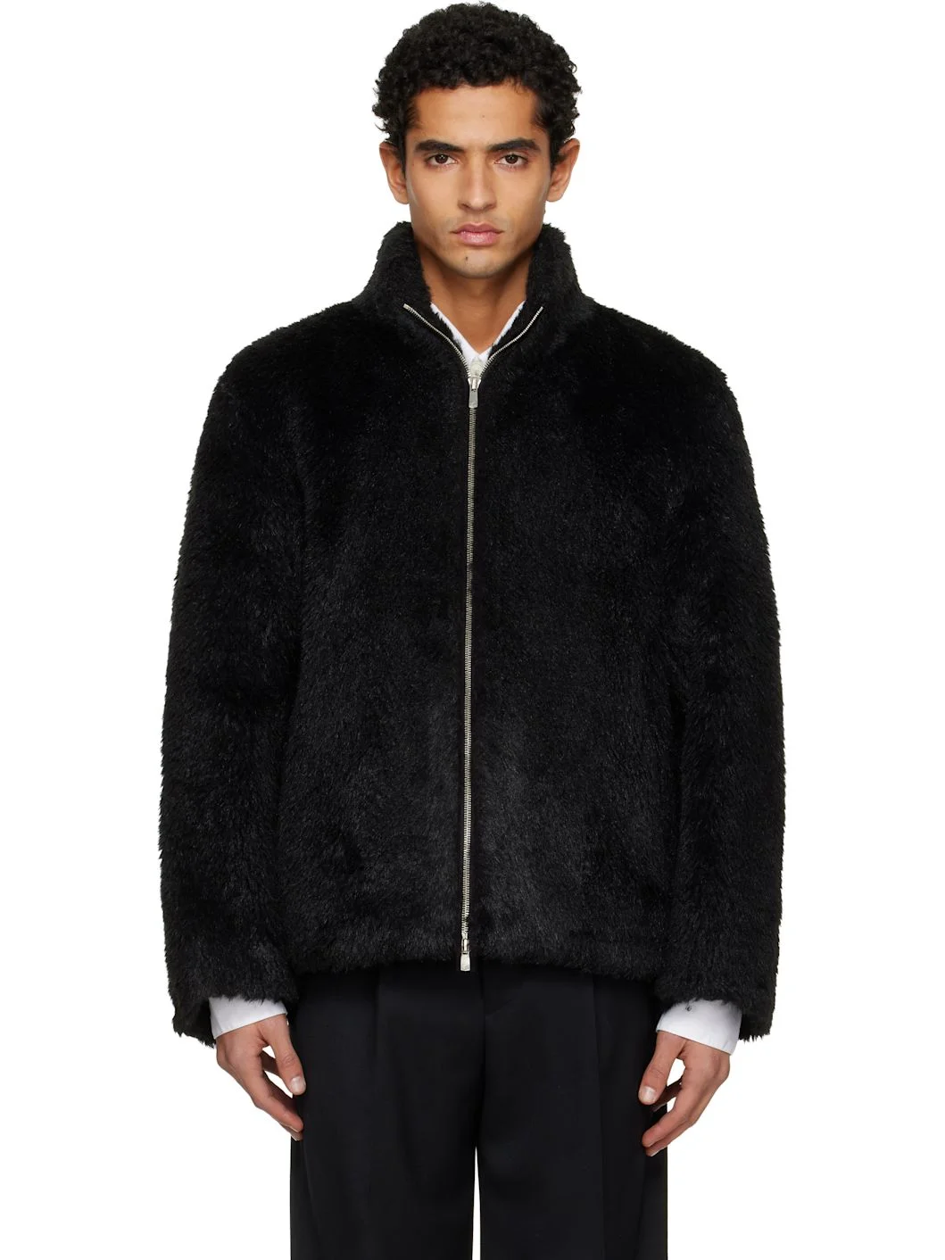 Black Wool Shaggy Faux-Fur Zippered Jacket - 1