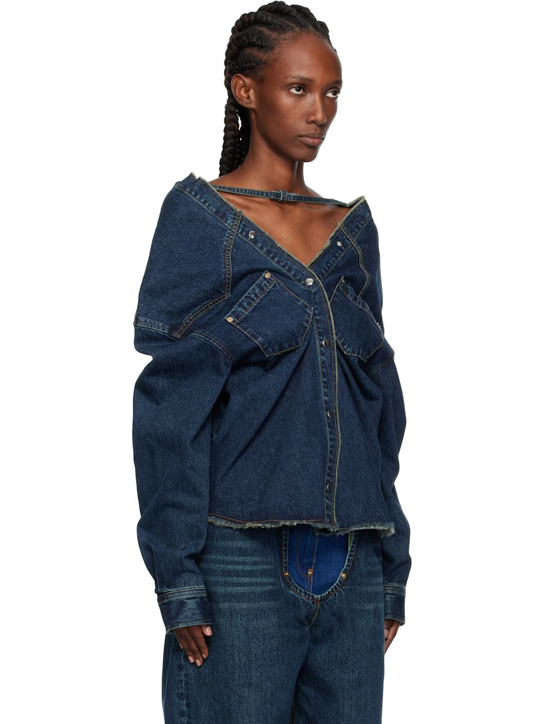 Navy Strap Point Denim Top - 2