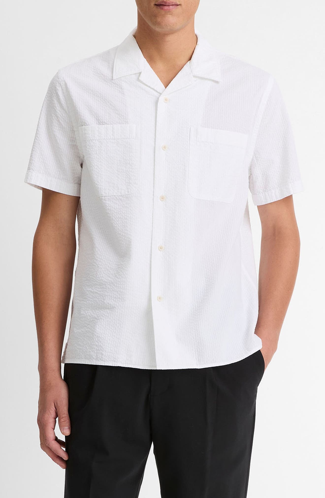 Vince Classic Fit Stripe Seersucker Camp Shirt in Blanco at Nordstrom - 1