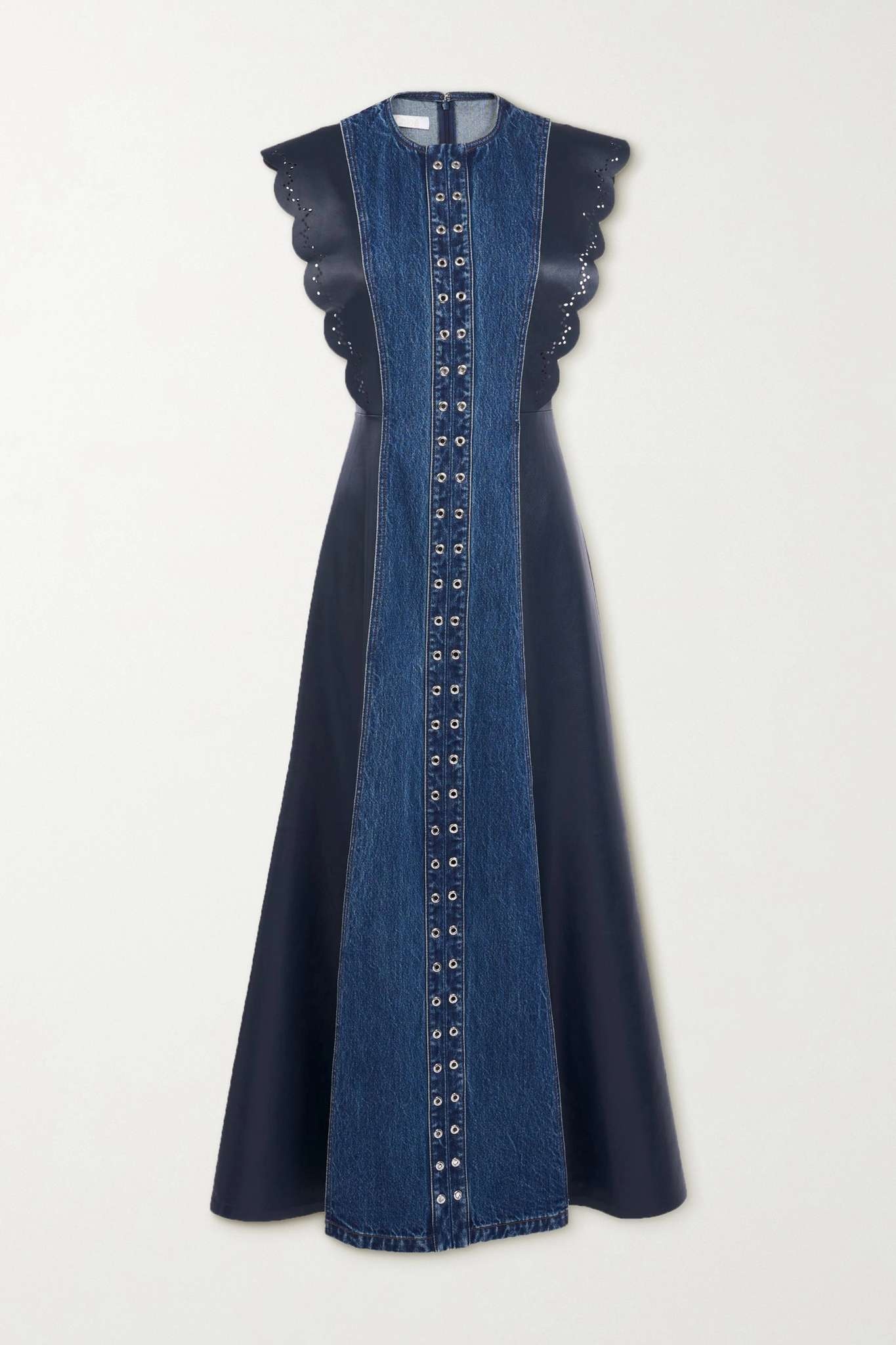 Embellished organic denim and scalloped leather maxi dress - 1