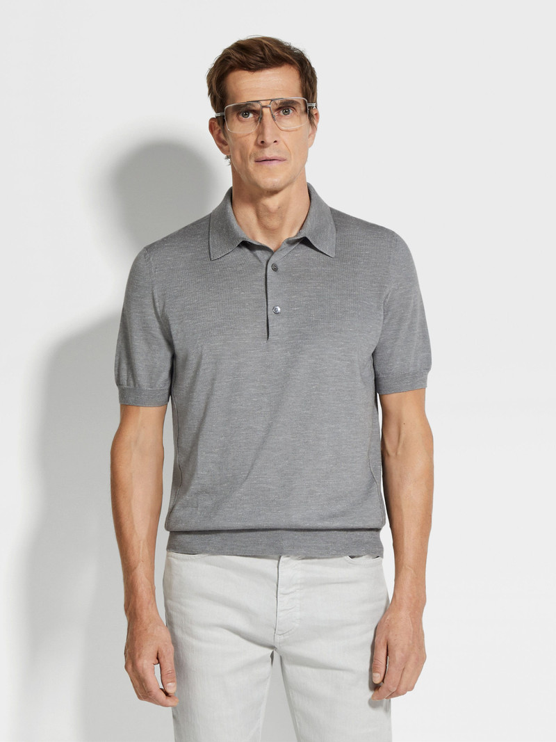 GREY MÉLANGE SILK CASHMERE AND LINEN POLO SHIRT 4