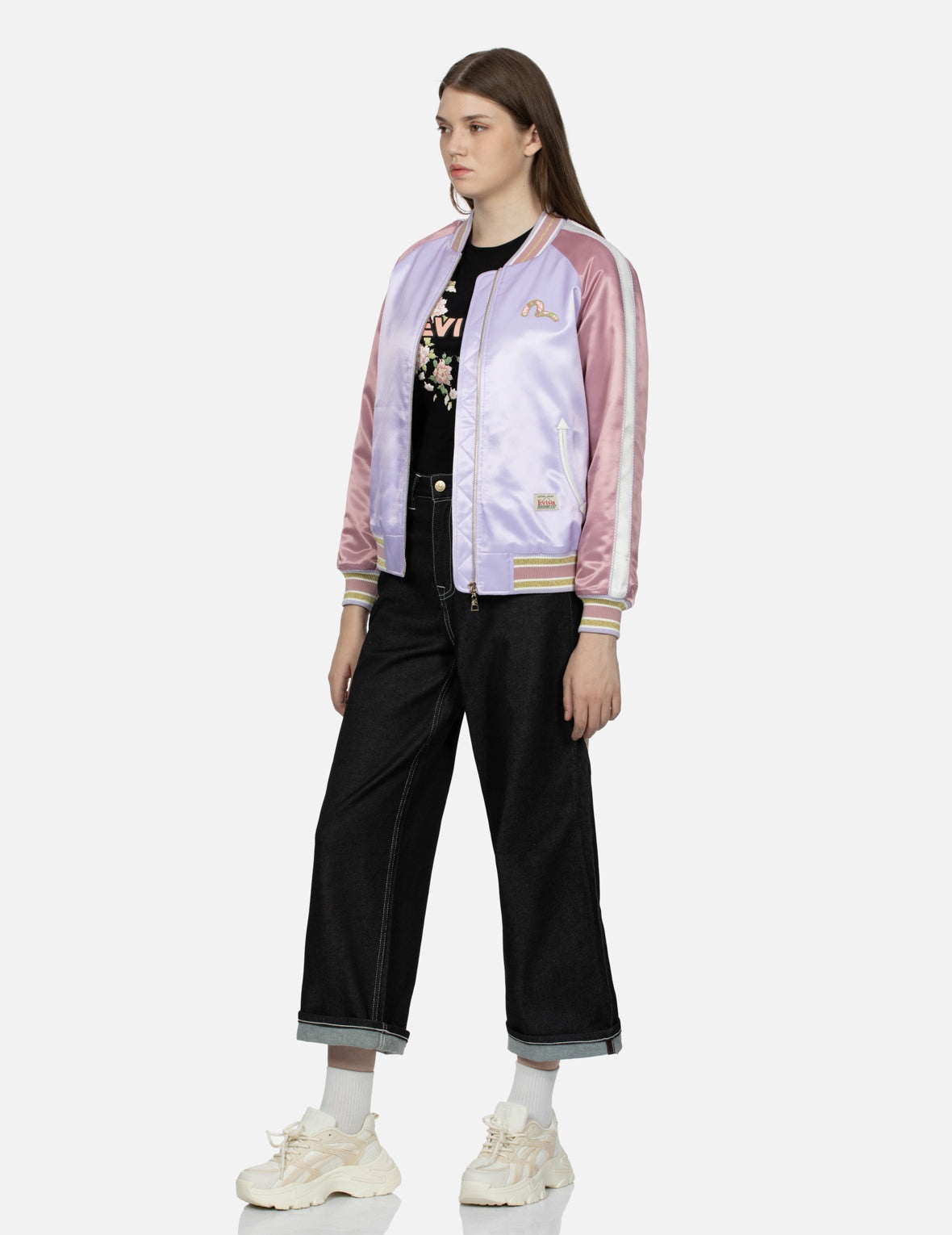 Goldfish and Floral Flow Embroidery Color-blocking Loose Fit Souvenir Jacket - 4