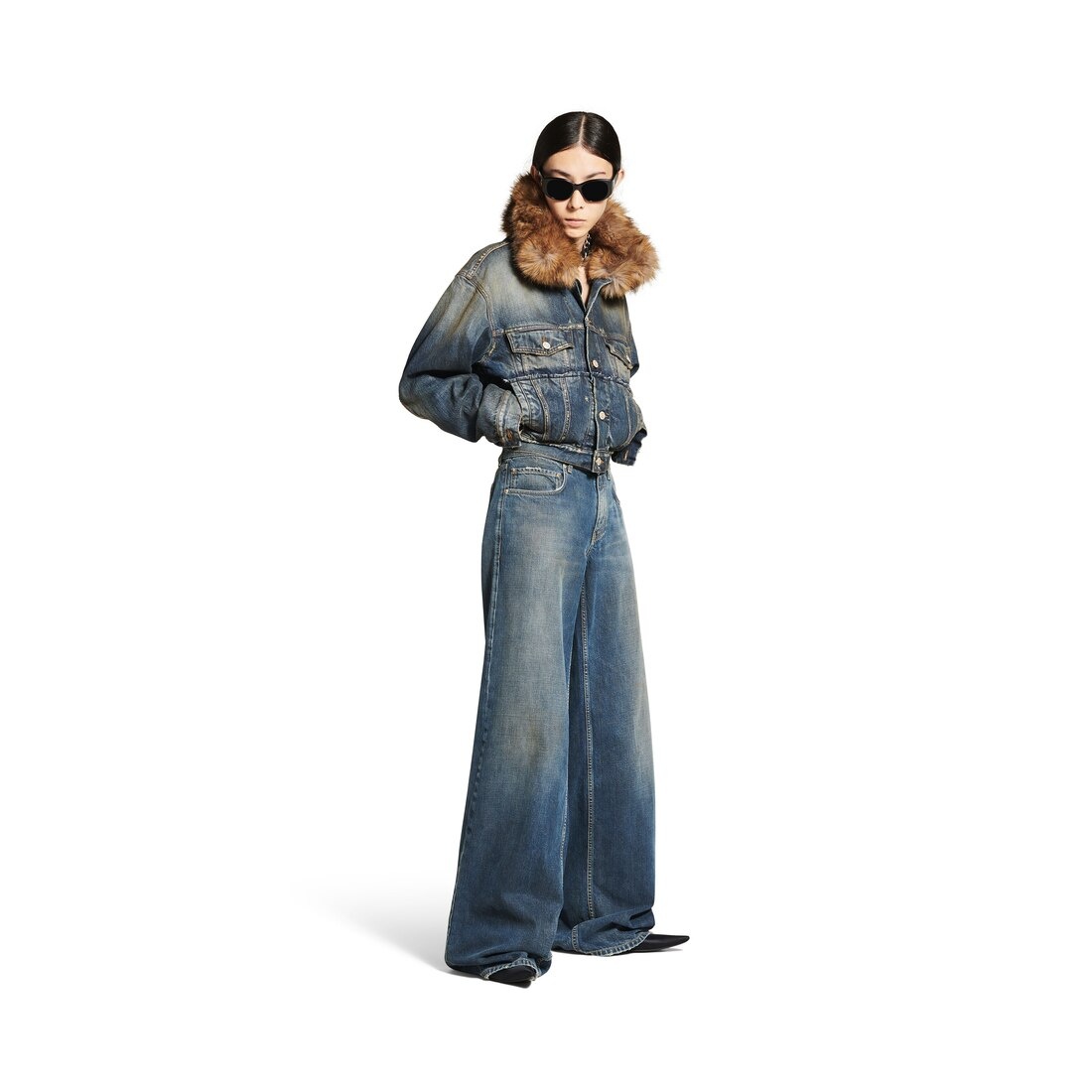 Women's Faux-fur Collar Denim Jacket in Dark Blue - 2