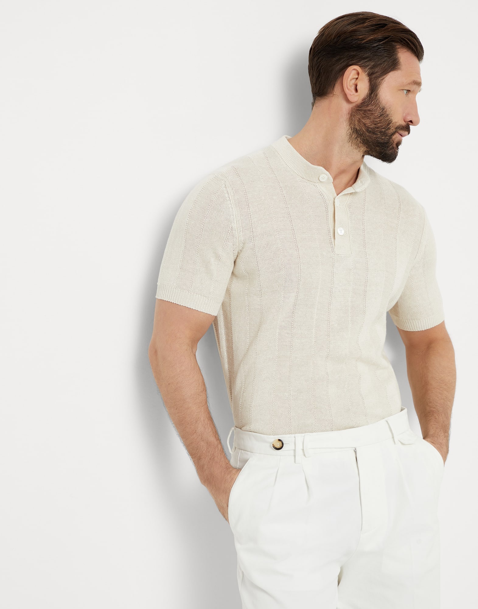 Linen and cotton knit T-shirt with Henley collar - 4