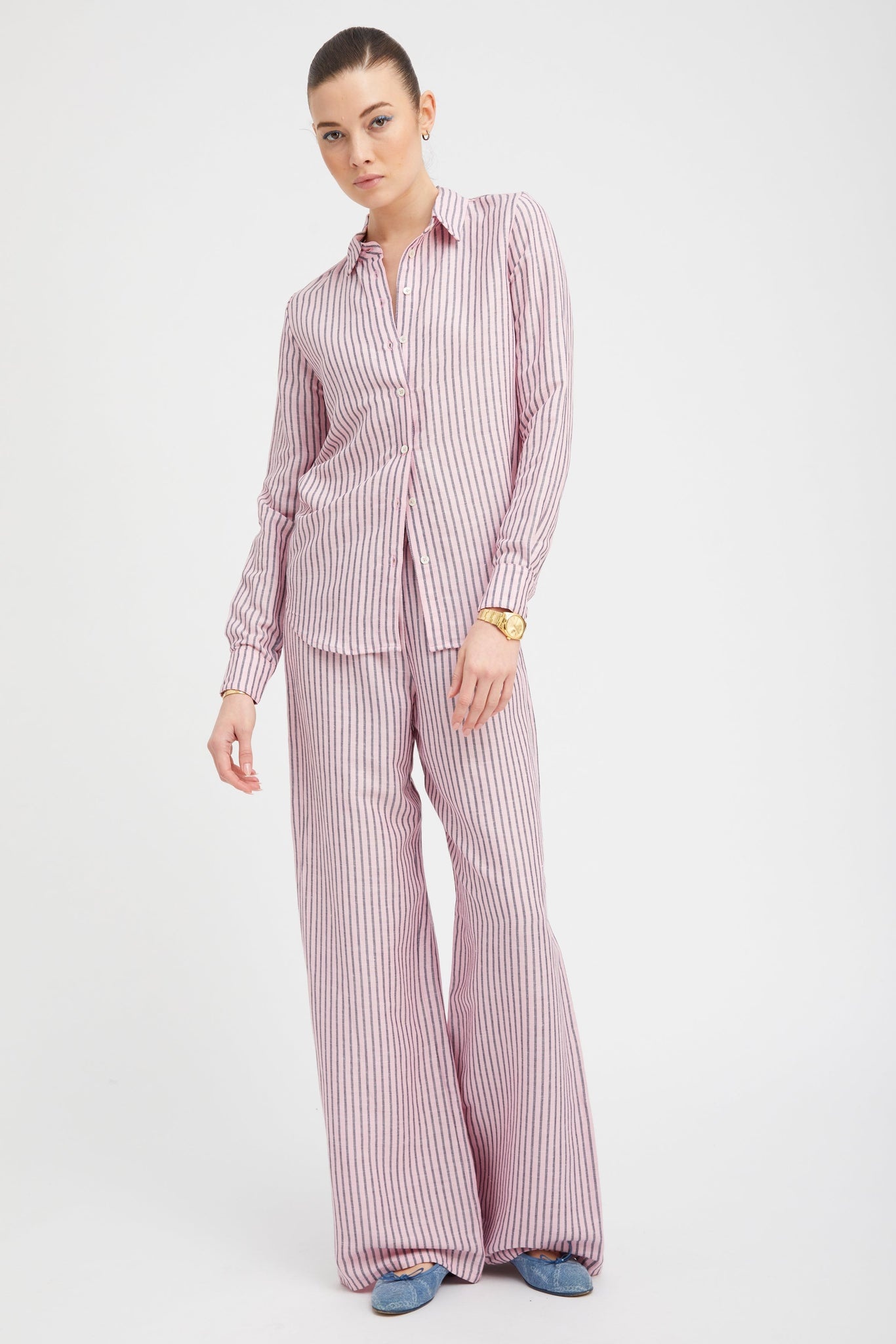 PINK INDIGO STRIPE LINEN FONDA BUTTON DOWN - 3