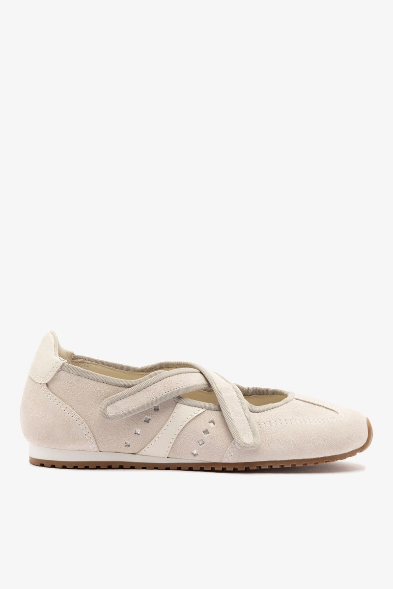 Stella Ballerina Flat In Mushroom Grey Suede and Ivory Leather 1