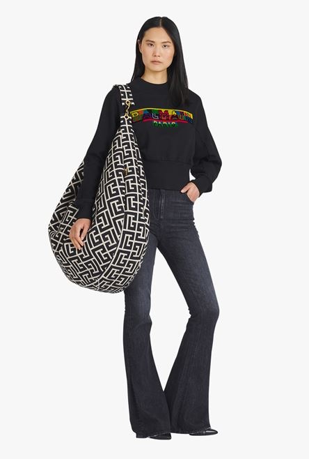 Cropped black eco-designed cotton sweatshirt with pixel Balmain logo - 2