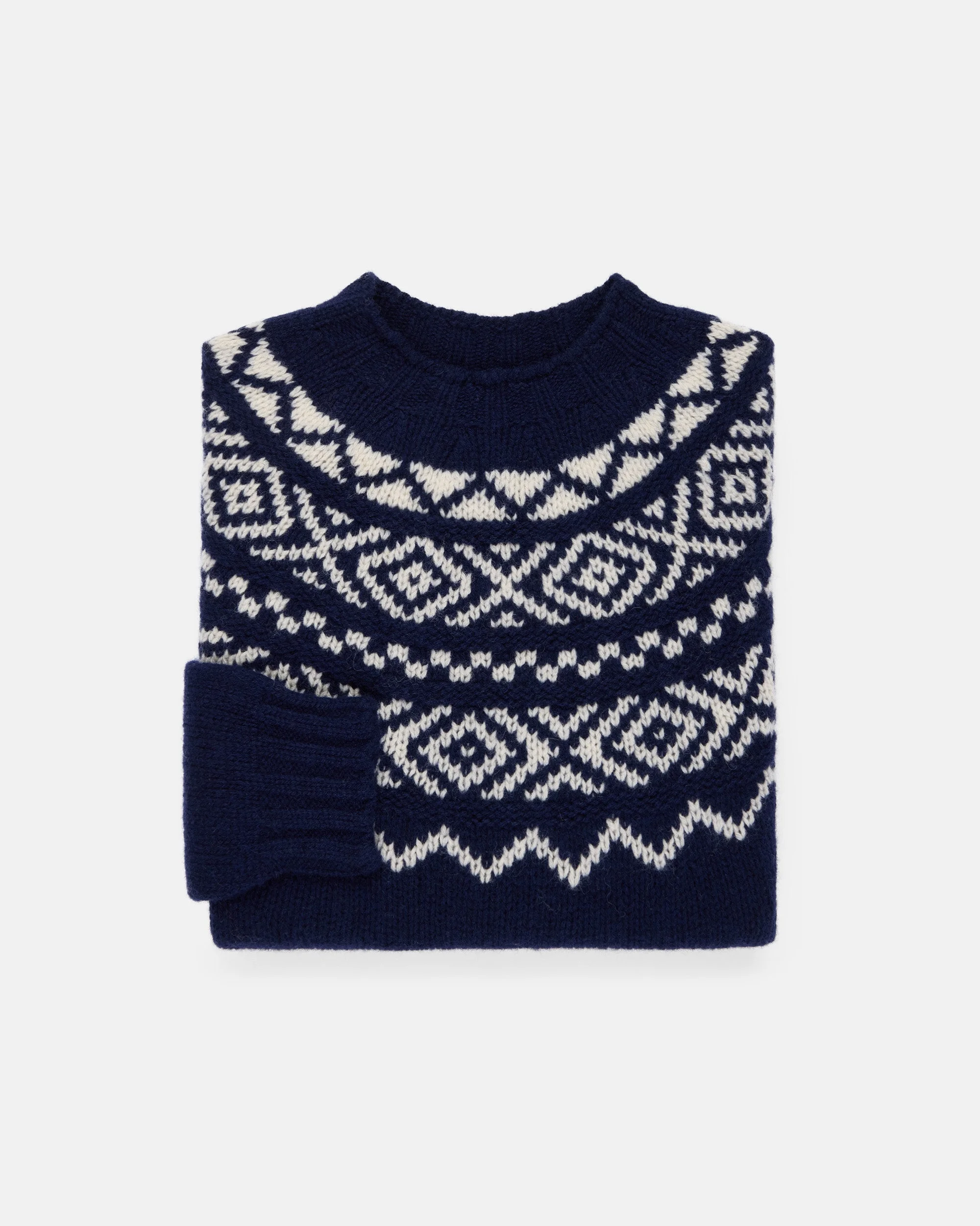 MADE-IN-SCOTLAND NAVY & WHITE HEAVY YOKE FAIR ISLE CREW NECK SWEATER - 1