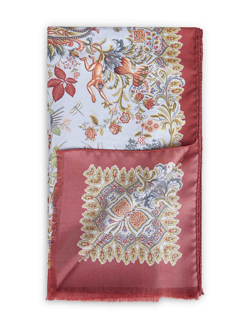 Etro Red silk twill flora and fauna-pattern scarf outlook
