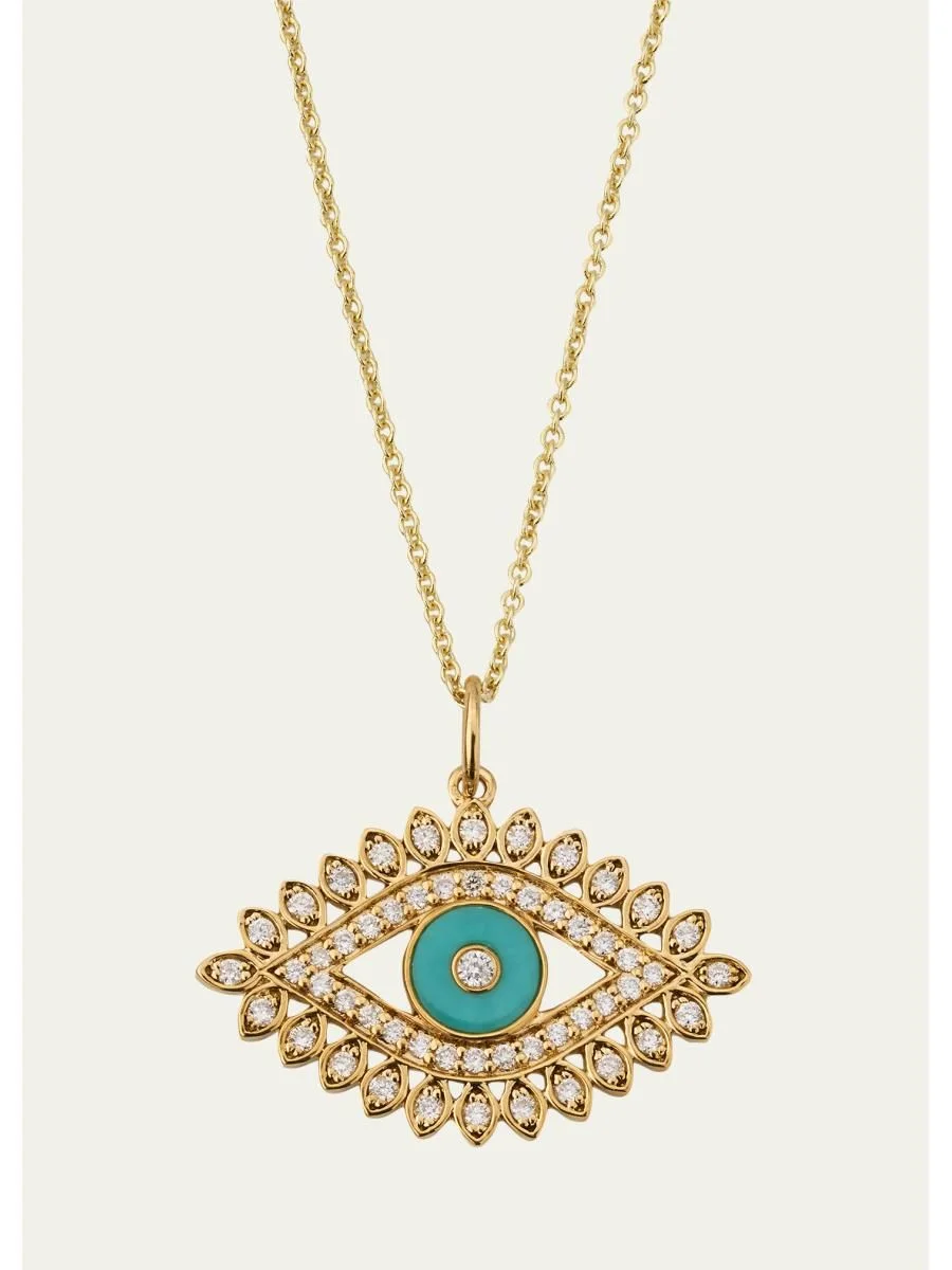14K Diamond and Turquoise Evil Eye Marquise Necklace - 1