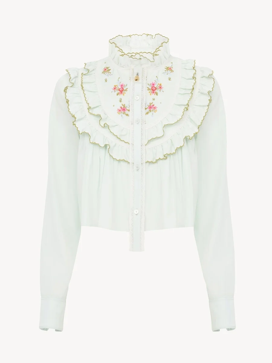 CROPPED RUFFLED BLOUSE IN SILK & COTTON POPLIN - 1