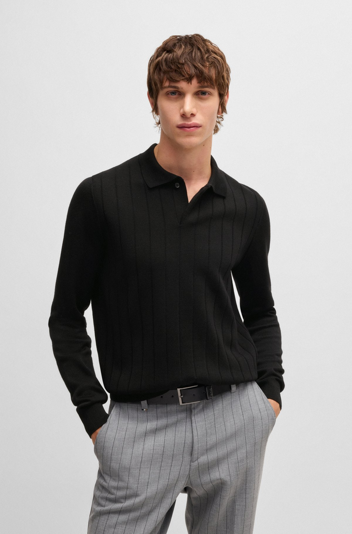 WOOL POLO SWEATER WITH KNITTED STRIPES - 2