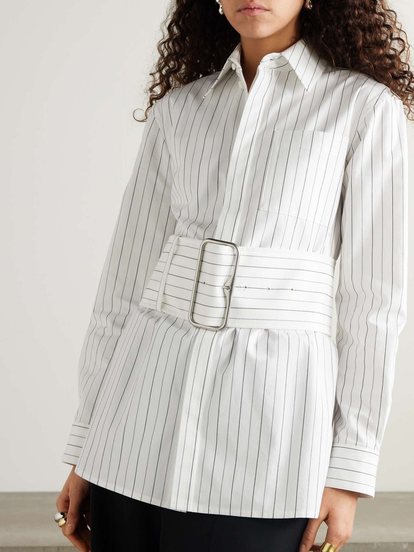 Belted pinstriped cotton-poplin shirt White - 3