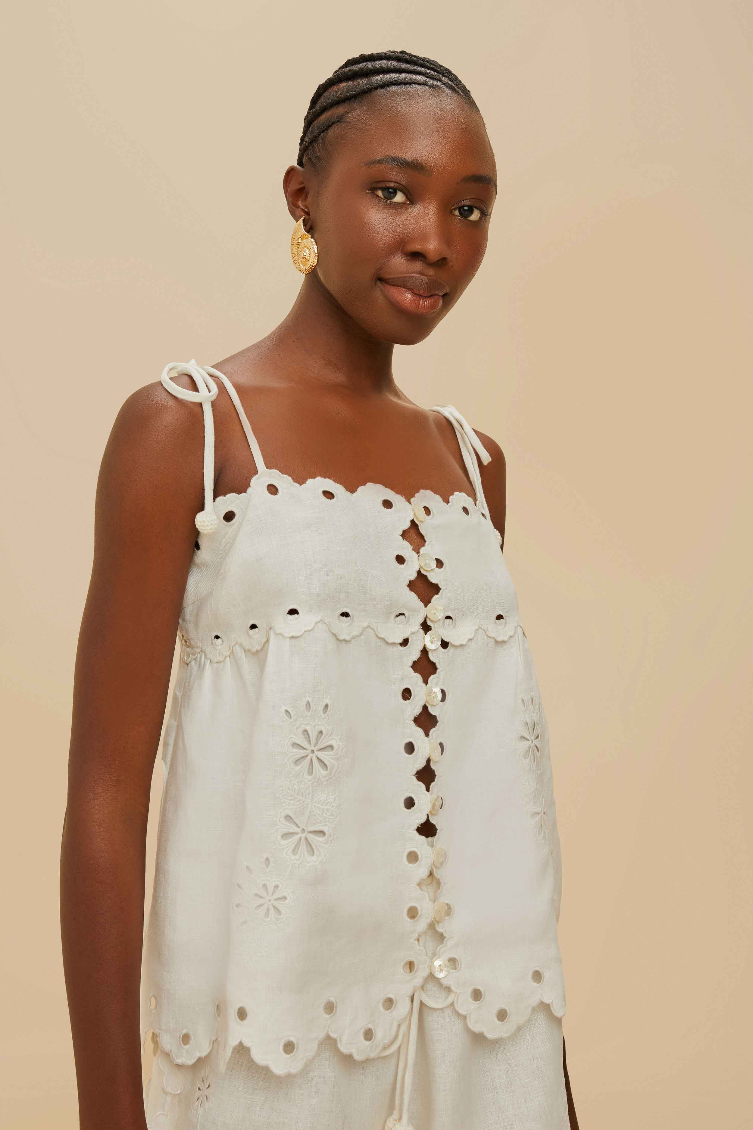 Off-White Flowers Richelieu Euroflax™ Premium Linen Blouse - 1