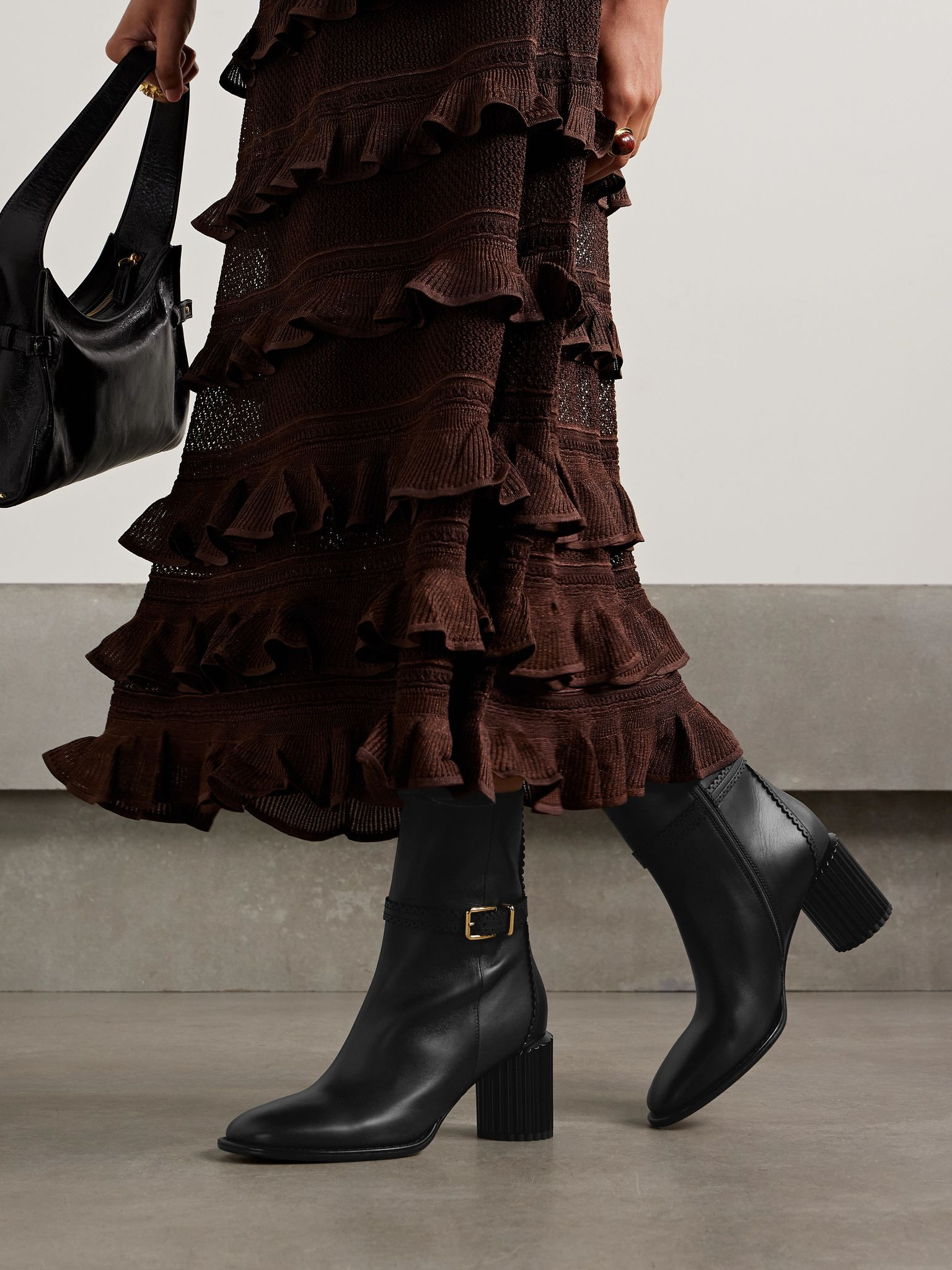 Eddie buckled scalloped leather ankle boots Black - 2