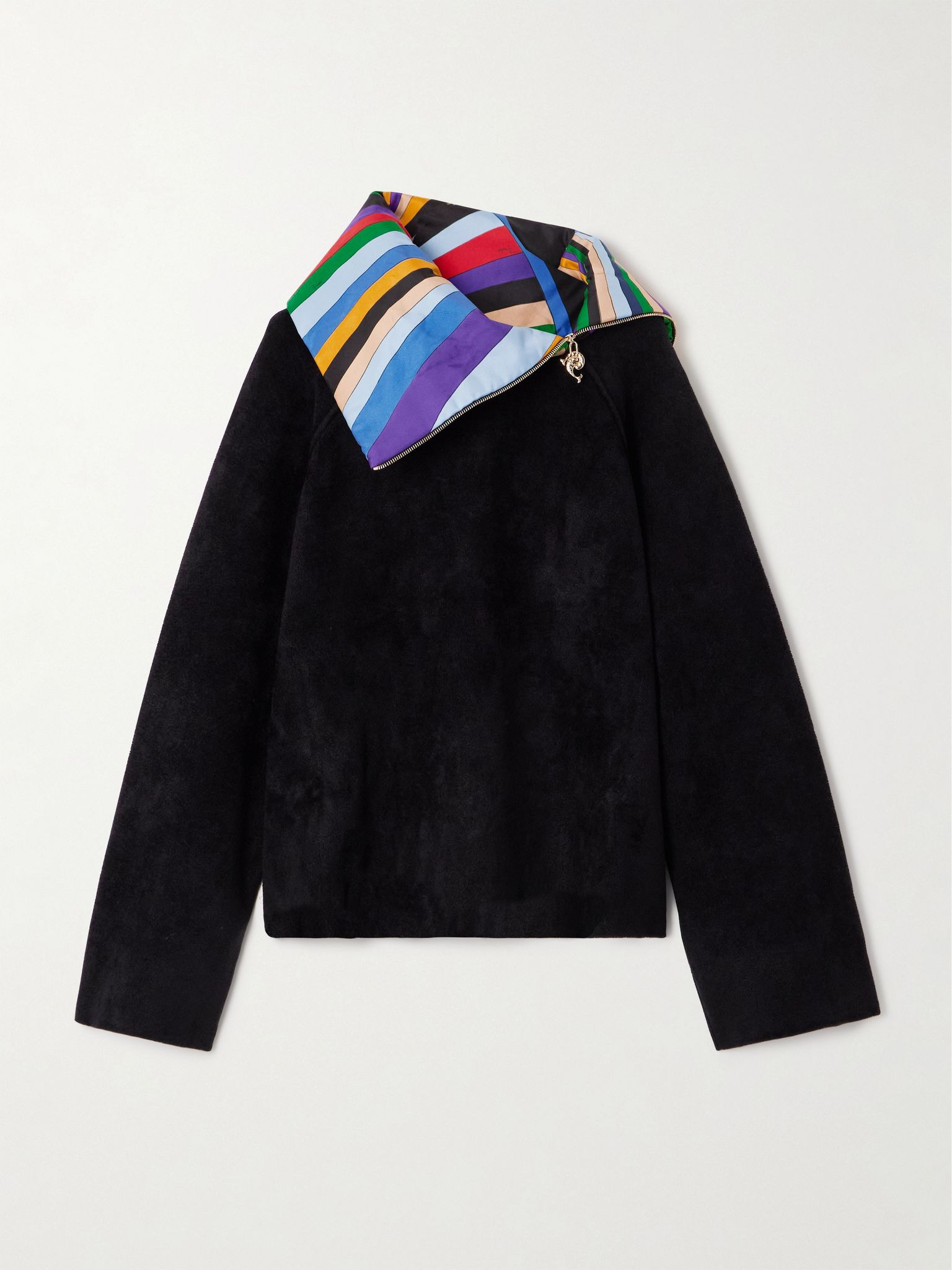 Silk-satin trimmed wool-blend fleece half-zip sweater Black - 1