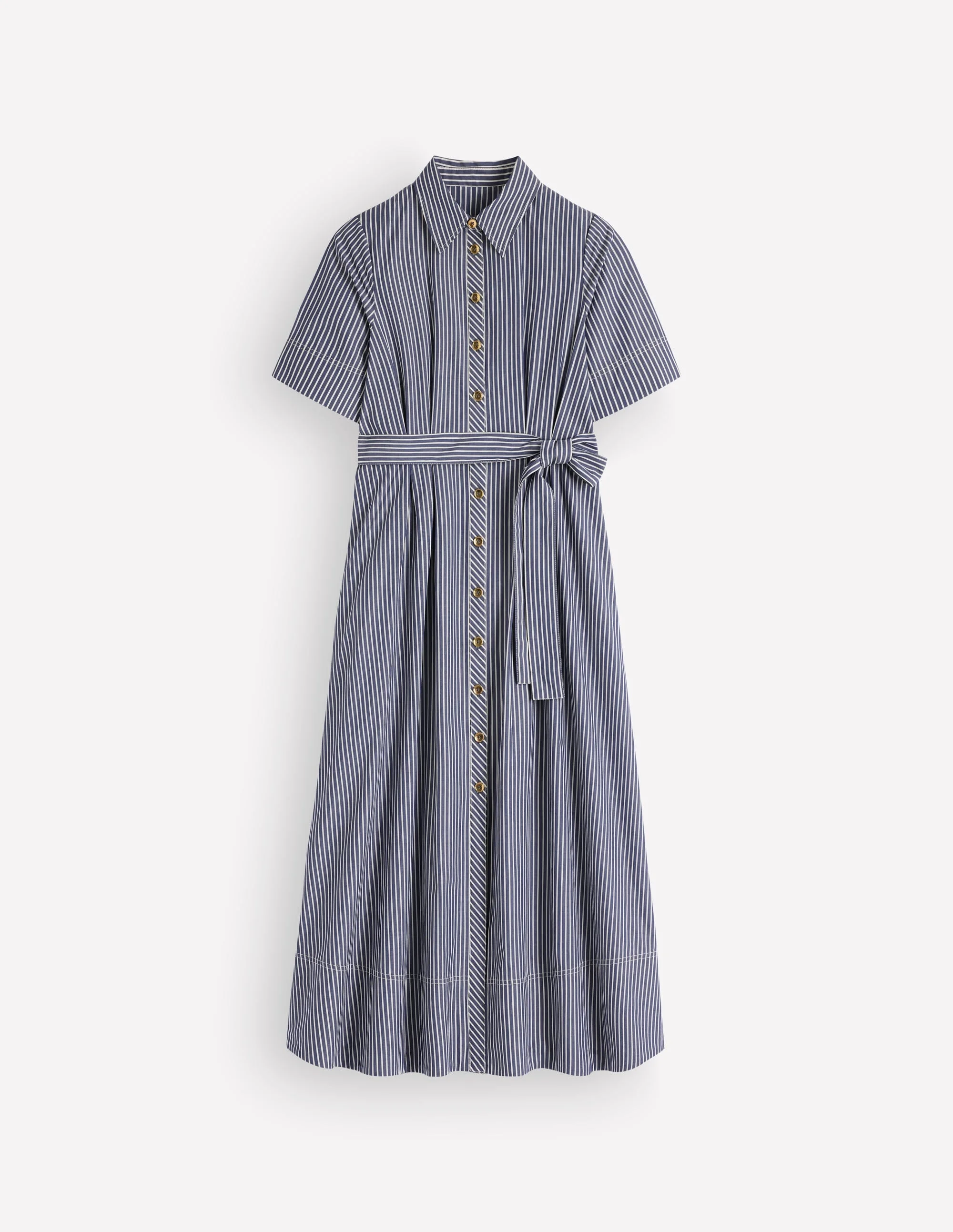 Sarah Cotton Midi Shirt Dress-Navy Ivory Fine Stripe - 1