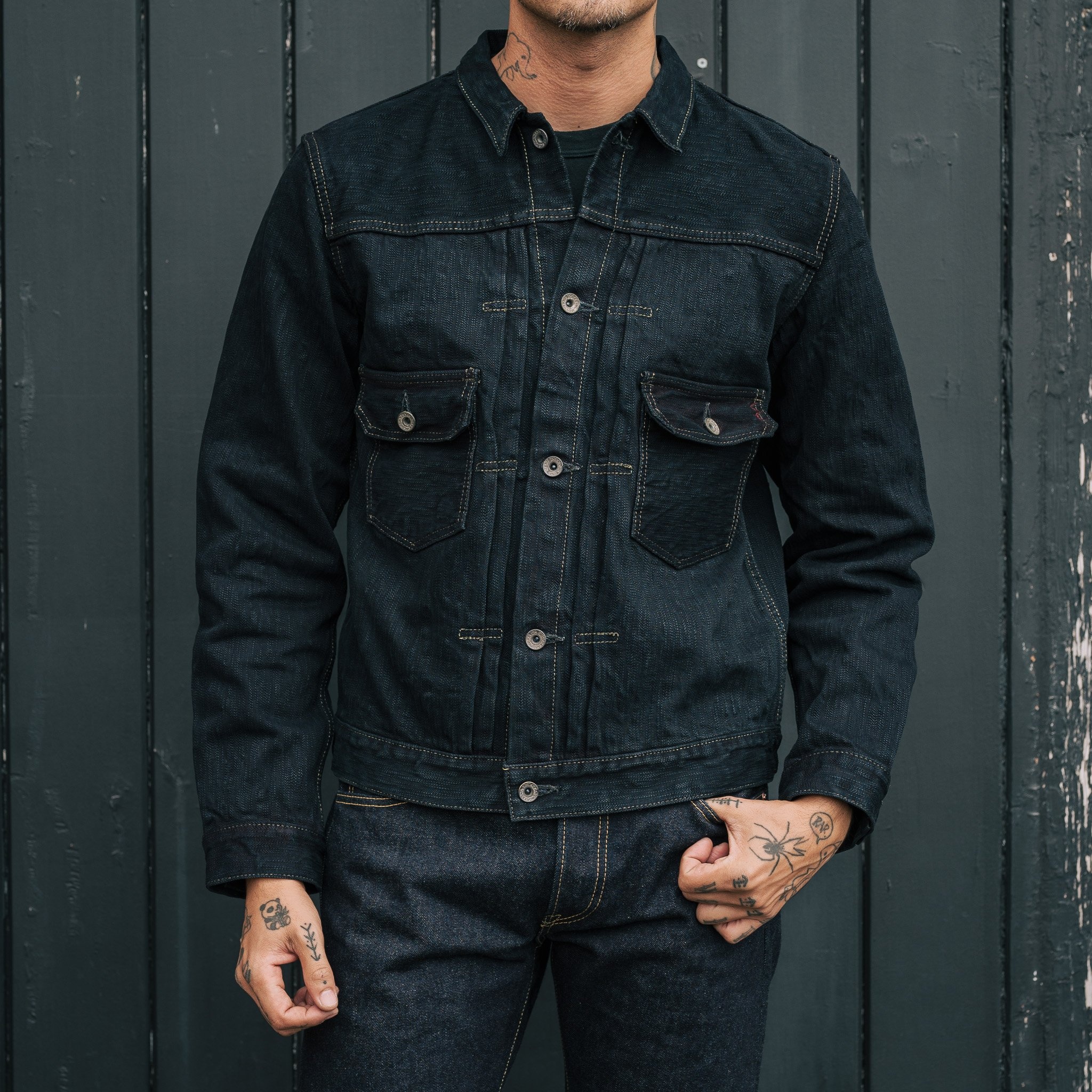 IHJ-507-SLBod 16oz Slubby Selvedge Denim Type II Jacket - Indigo Overdyed  Black