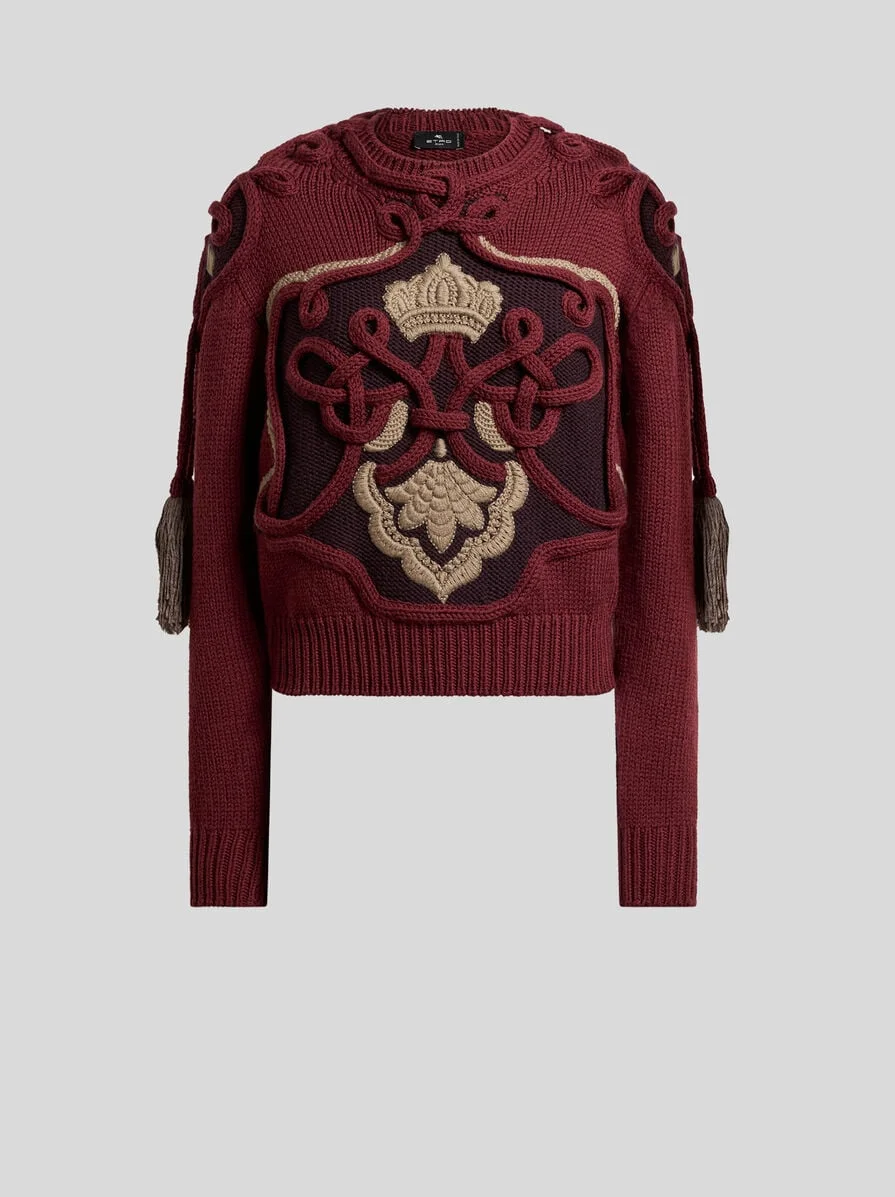 RIBBED WOOL SWEATER WITH TASSELS AND EMBROIDERY - 1