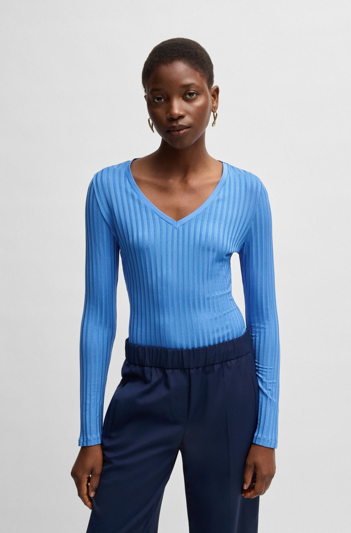 LONG-SLEEVED V-NECK TOP IN LUSTROUS RIBBED JERSEY - 2