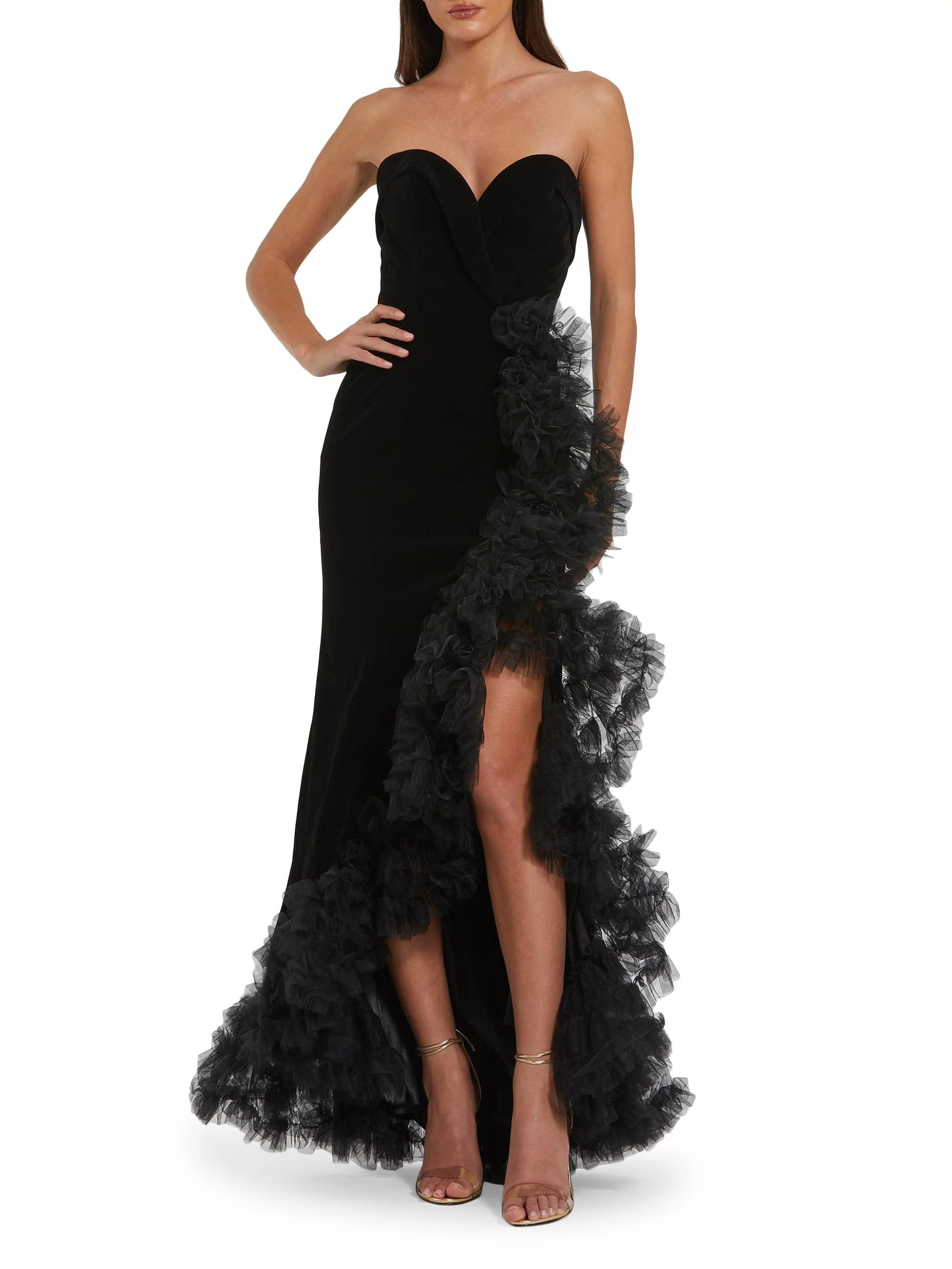 Women's Frilled-Slit Crossover Bustier Gown - Black - 1