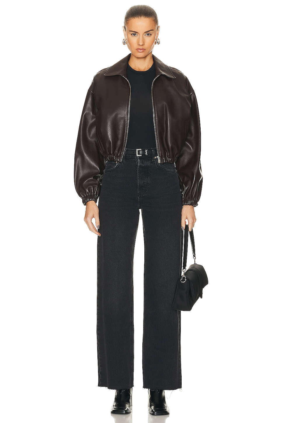 Luna Cropped Leather Bomber Jacket - 5