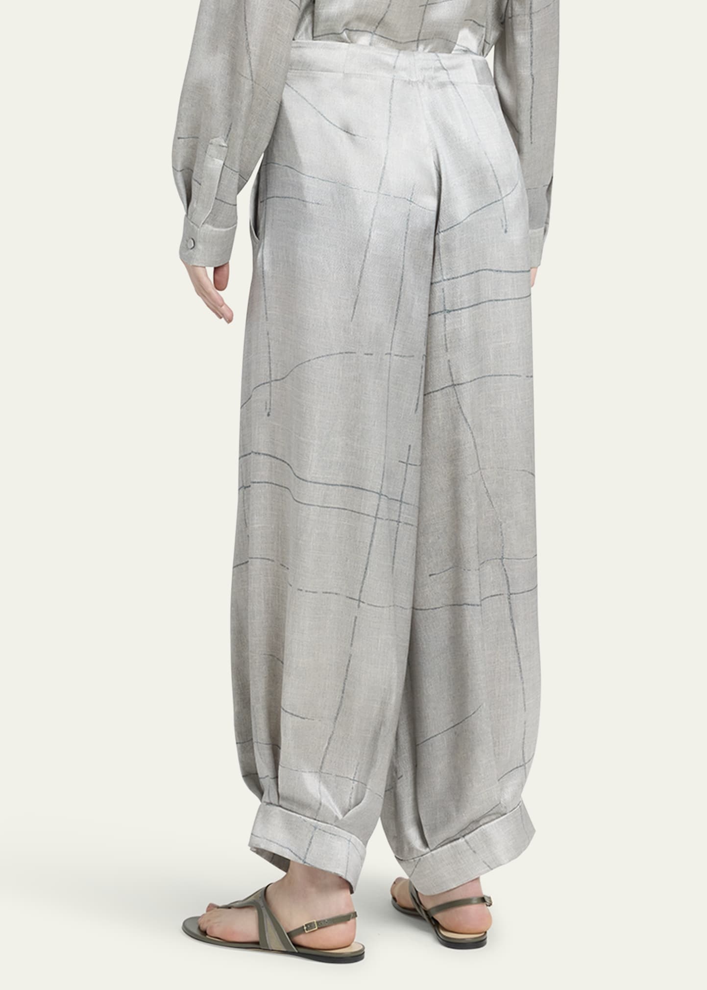 Check Cuffed Wide Leg Silk Trousers - 3