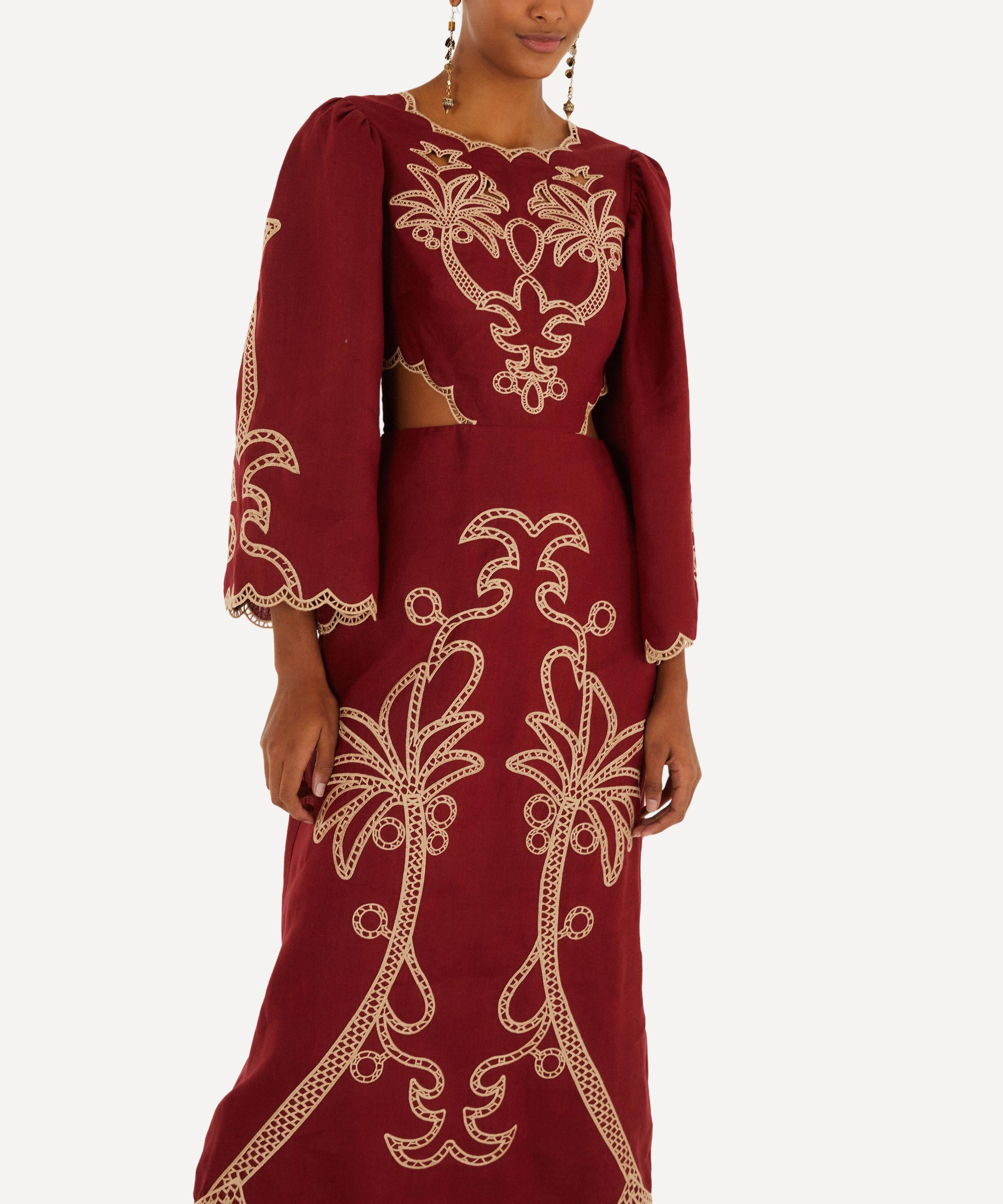 Red Artisanal Cut-Out Embroidered Maxi Dress - 3