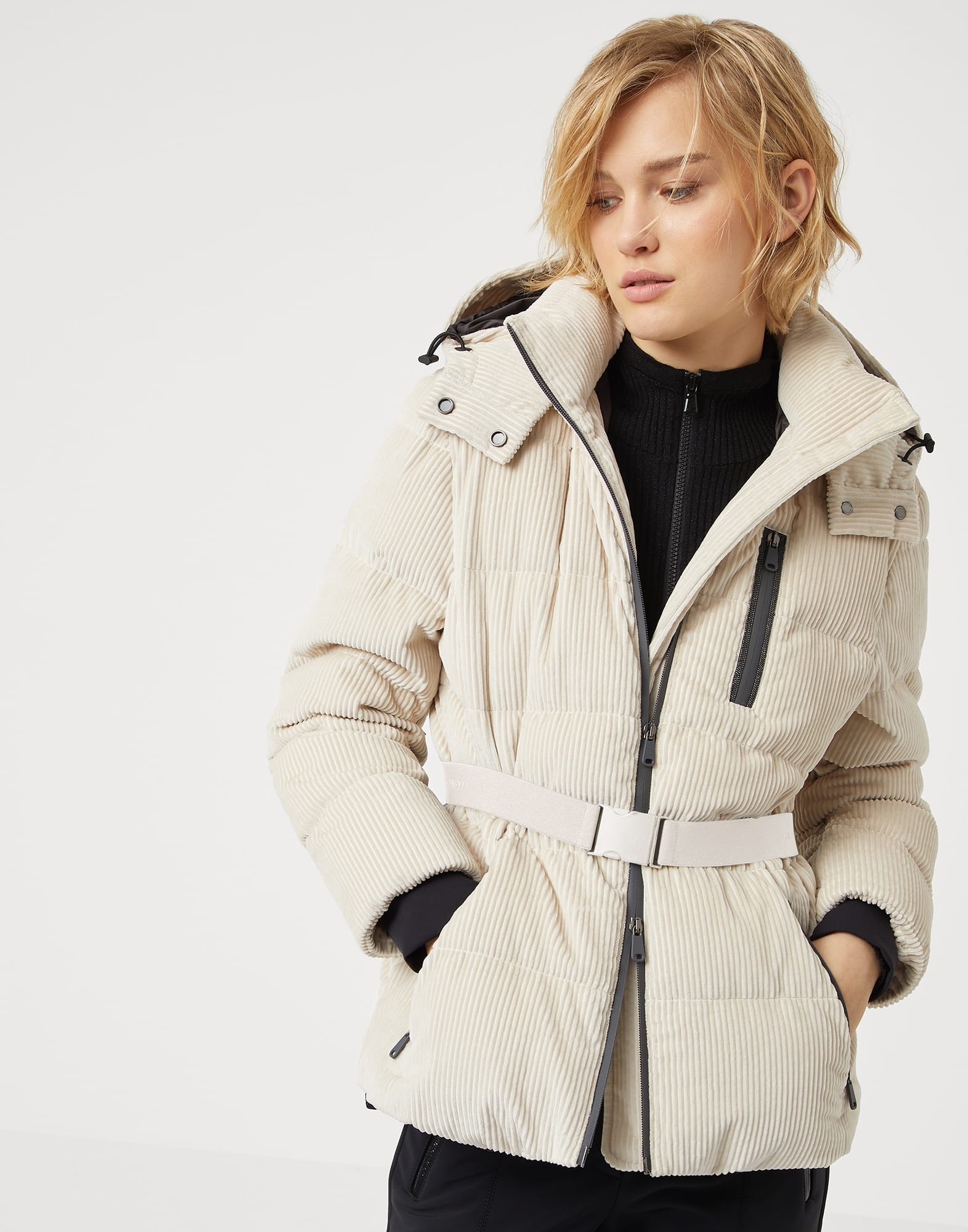 Bonded cotton corduroy mountain down jacket with detachable hood and precious zip detail - 4