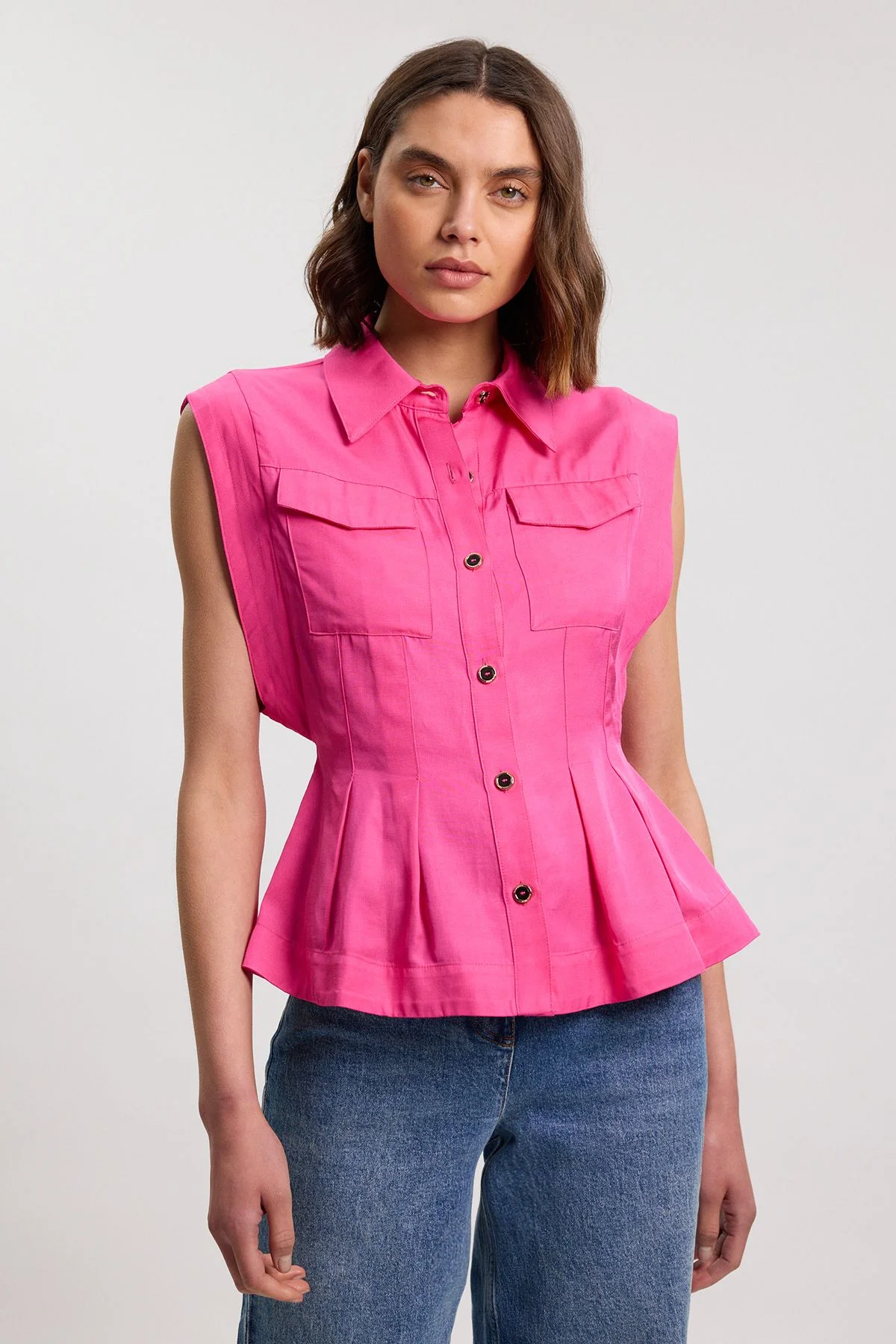 Premium Viscose Linen Topstitch Woven Blouse With Waist Seam Detail - 1