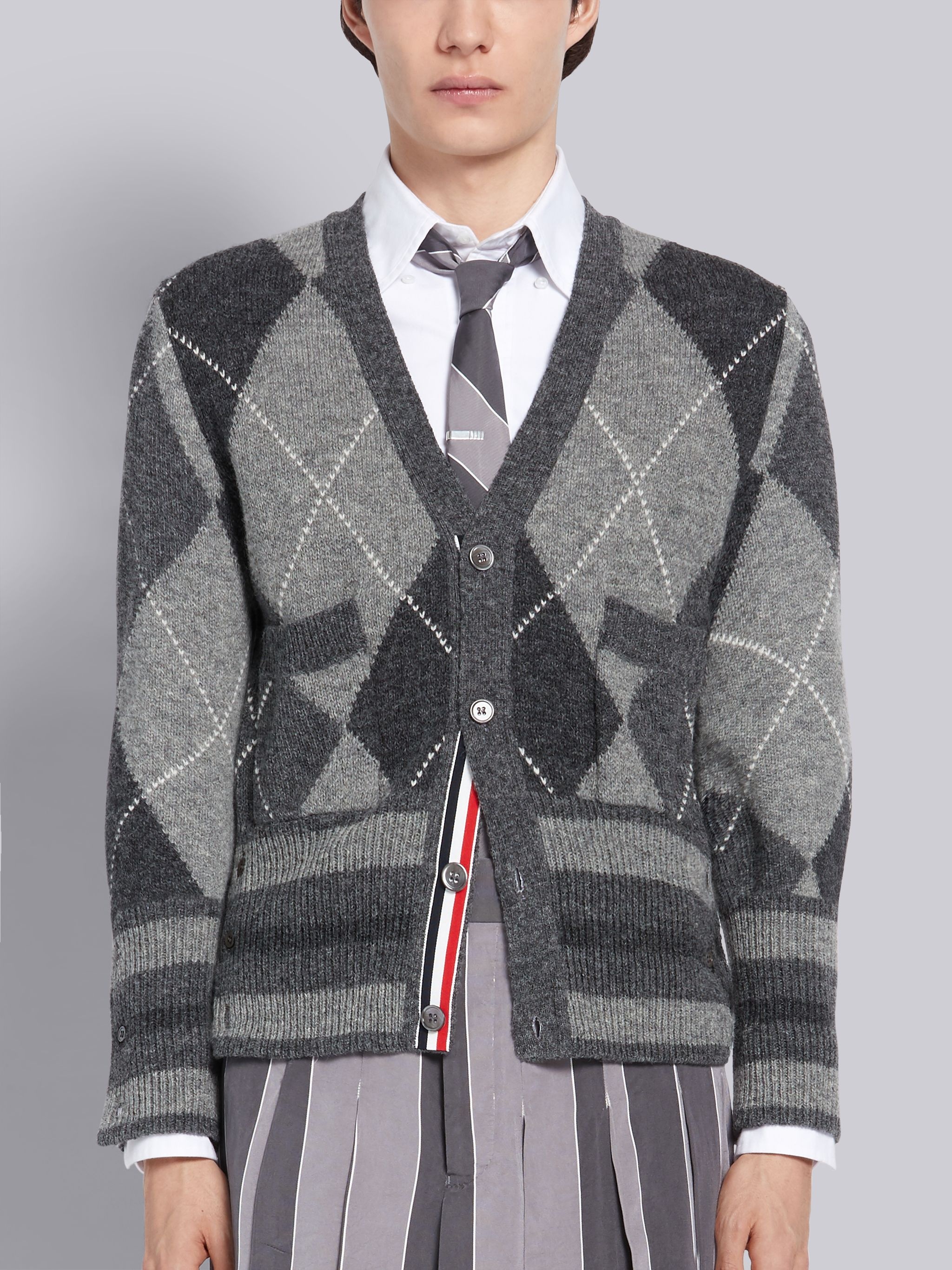 Tonal Grey Shetland Wool Argyle Print V-neck Cardigan - 1