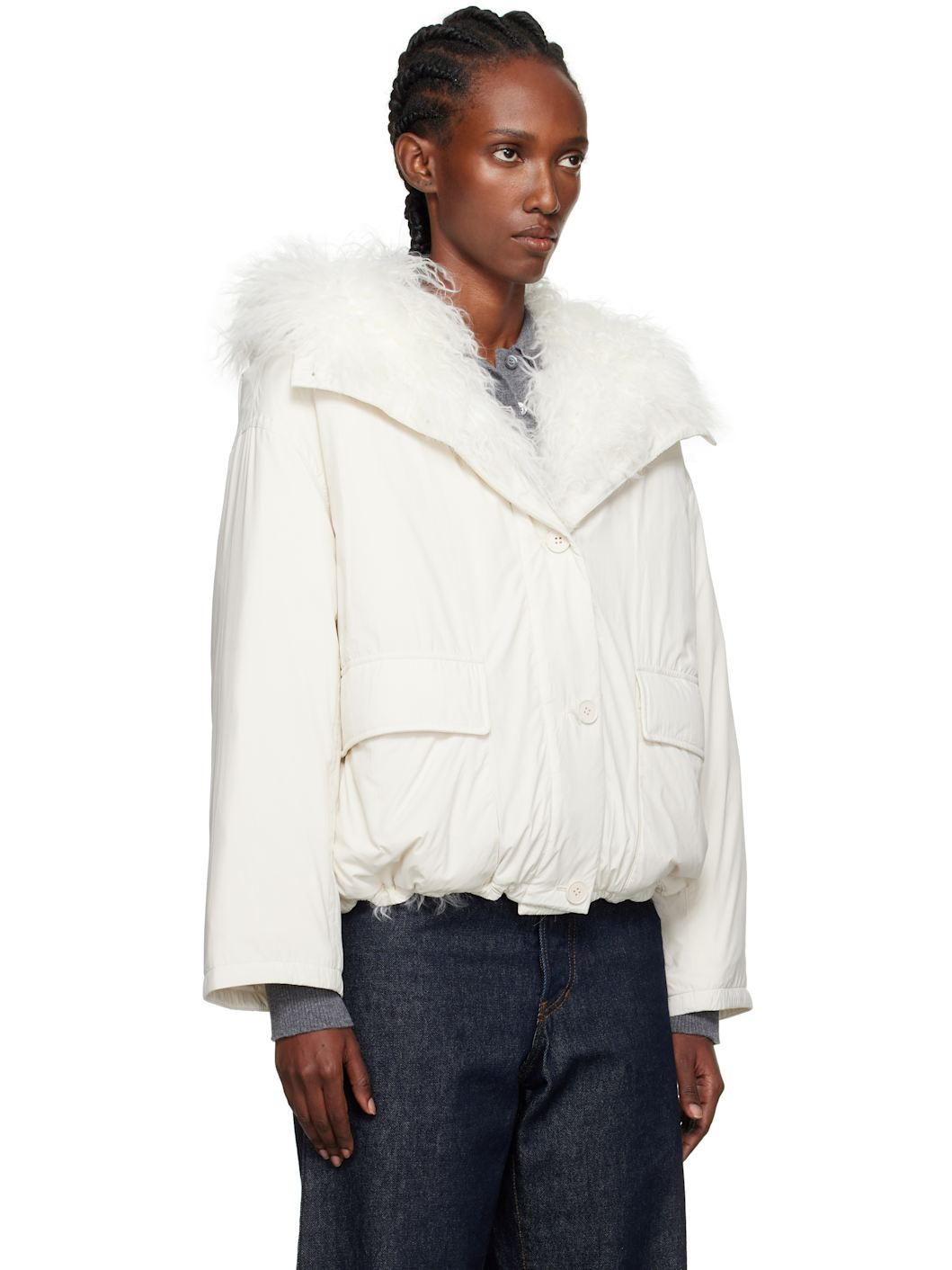 Off-White Cropped Shearling & Down Jacket - 2