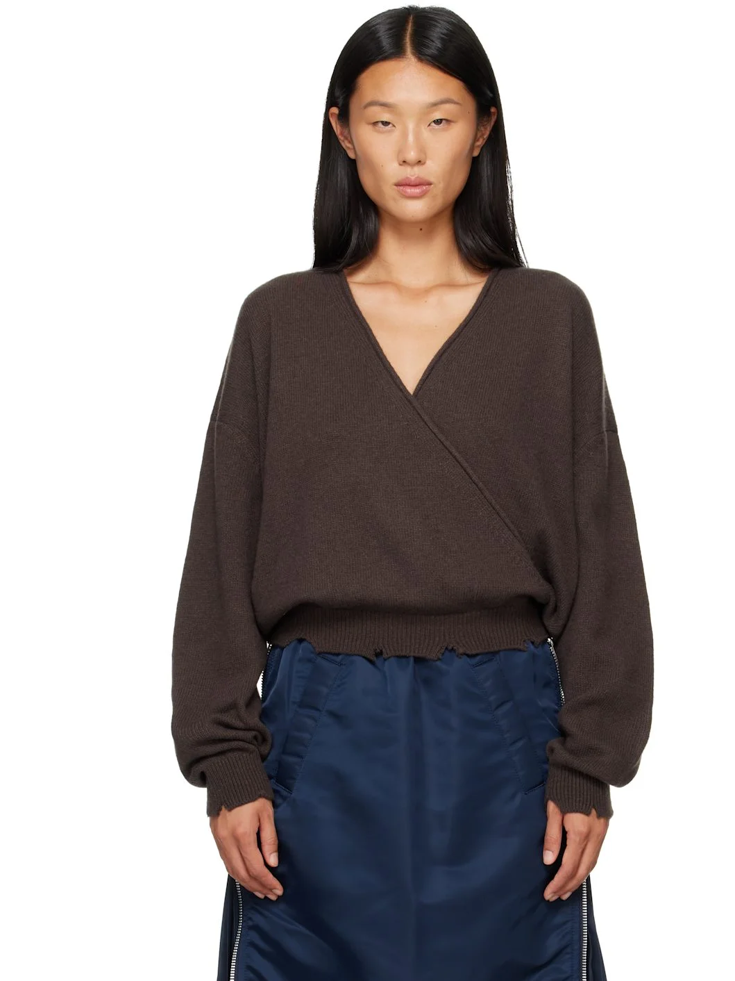 Brown Wool Criss Cross Wrap Knit Sweater - 1