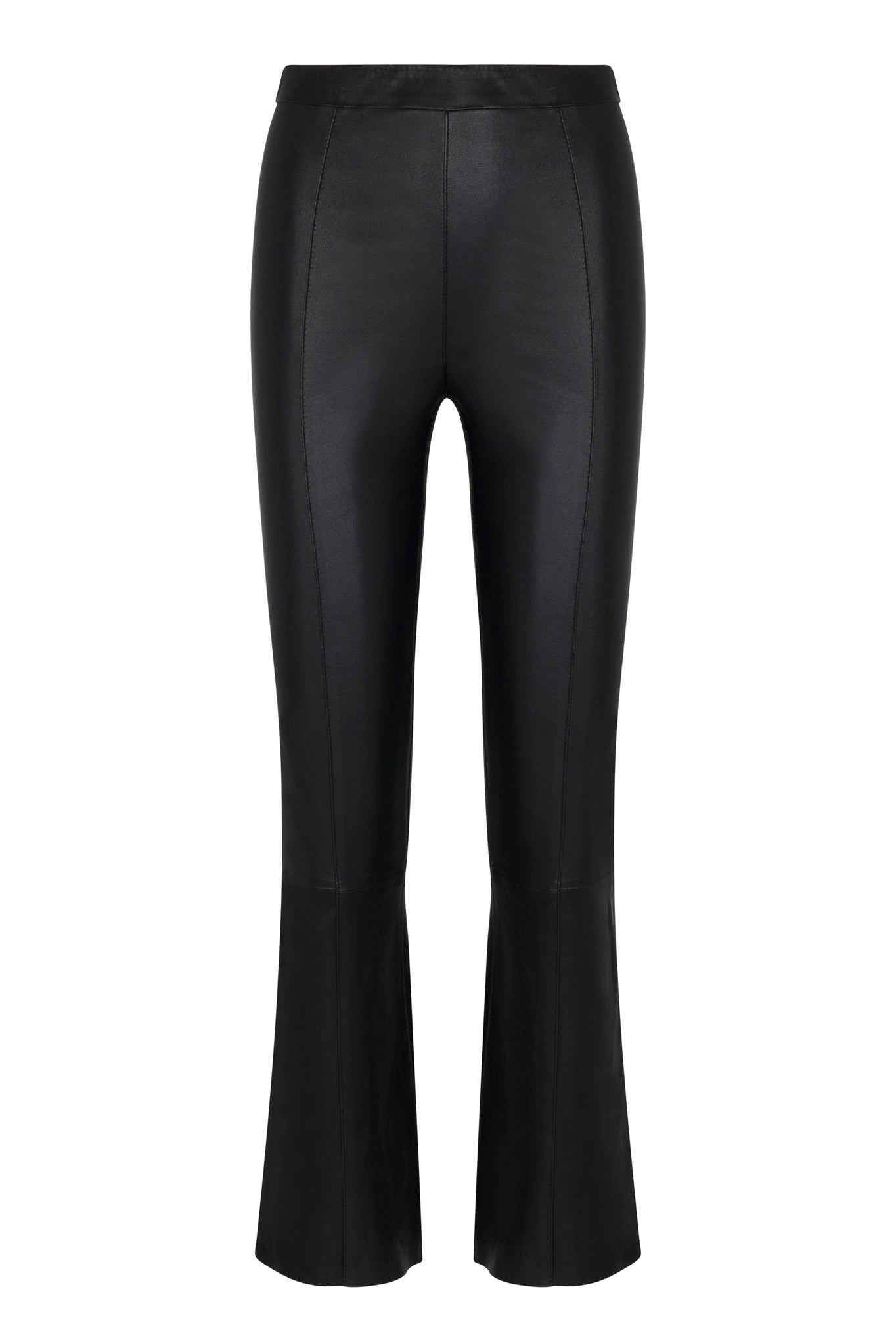 BLACK LEATHER ANKLE FLARE PANTS WITH PRINCESS SEAMS - 5